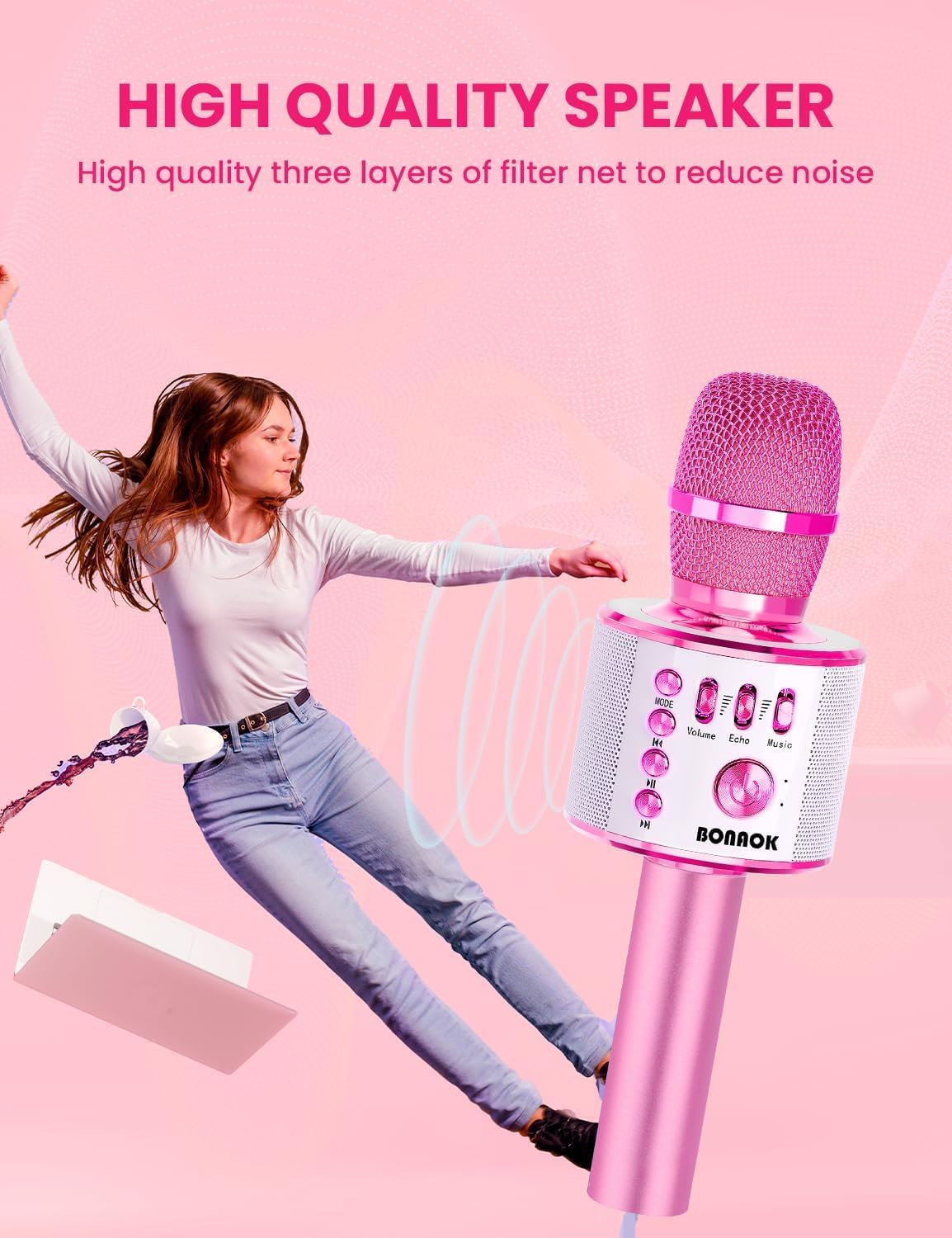 BONAOK Wireless Bluetooth Karaoke Microphone,3-in-1 Portable Instrument Wireless Microphone Mic Speaker Machine Home Party Birthday for All Smartphones(Black)