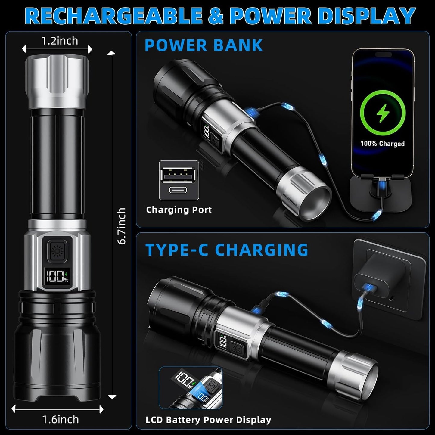 Flashlight Rechargeable 990000 High Lumens, Super Bright LED Flash Light with LCD Digital Display, Tactical Flashlights with IPX7 Waterproof, 6 Modes Brightest Flashlight for Camping, Emergency