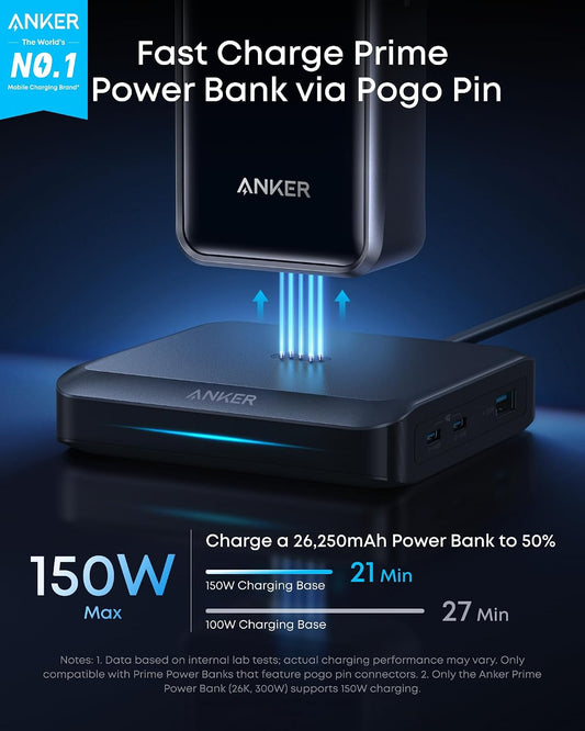 Anker Charging Base for Prime Power Banks with Pogo Pin, 150W Max | Powers Up to 4 Devices, for MacBook Pro / Air, Dell, iPhone 17 / 16 Series, Samsung, and More (Power Bank Not Included)