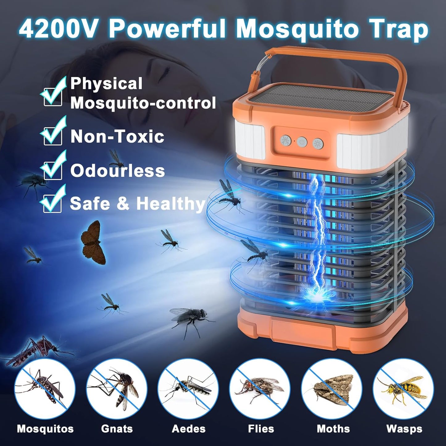 Mosquito Zapper, Solar Bug Zapper 4200V Cordless & Rechargeable Bug Zapper Outdoor with LED Light, Portable Waterproof Electric Fly Zapper with Hook, for Patio Camping Backyard Garden