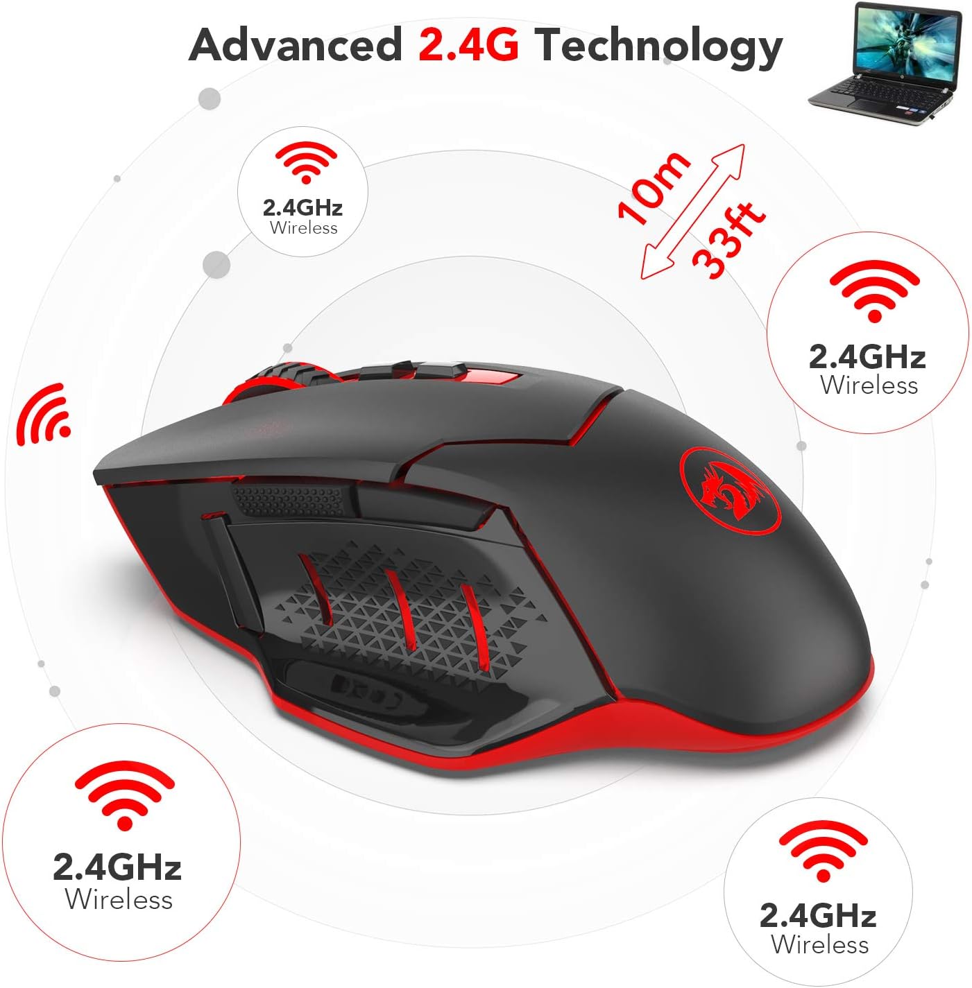 Redragon M690-1 2400 DPI Optical 2.4G Wireless Gaming Mouse, 5 Adjustable DPI Levels Portable Gaming & Office Mice with 8 Buttons and USB Receiver for Desktop, MacBook, Notebook, PC, Laptop, Computer
