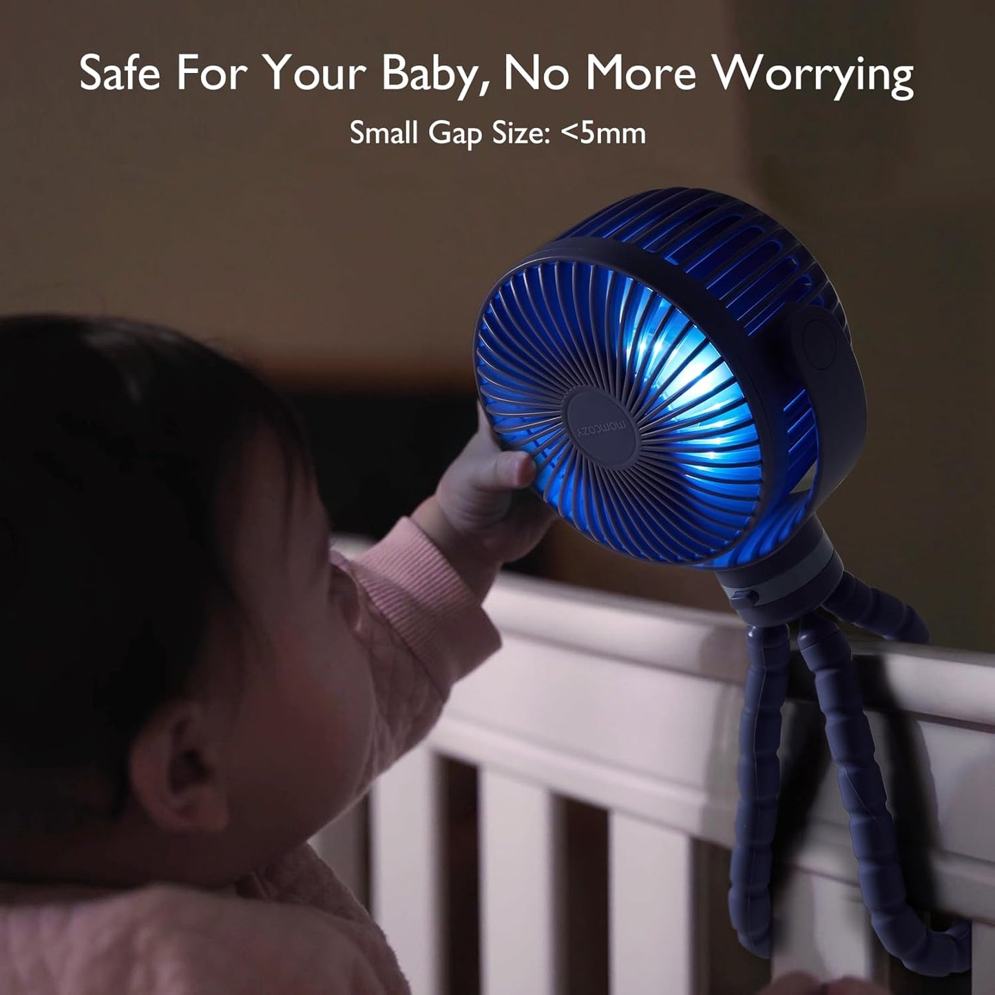 Momcozy Portable Stroller Fan, 27H Ultra-long Battery Life, Detachable 4 Speed 360°Rotate, LED Night Light with 2 Modes, USB Rechargeable and Handheld Cooling Fan for Travel, Car Seat