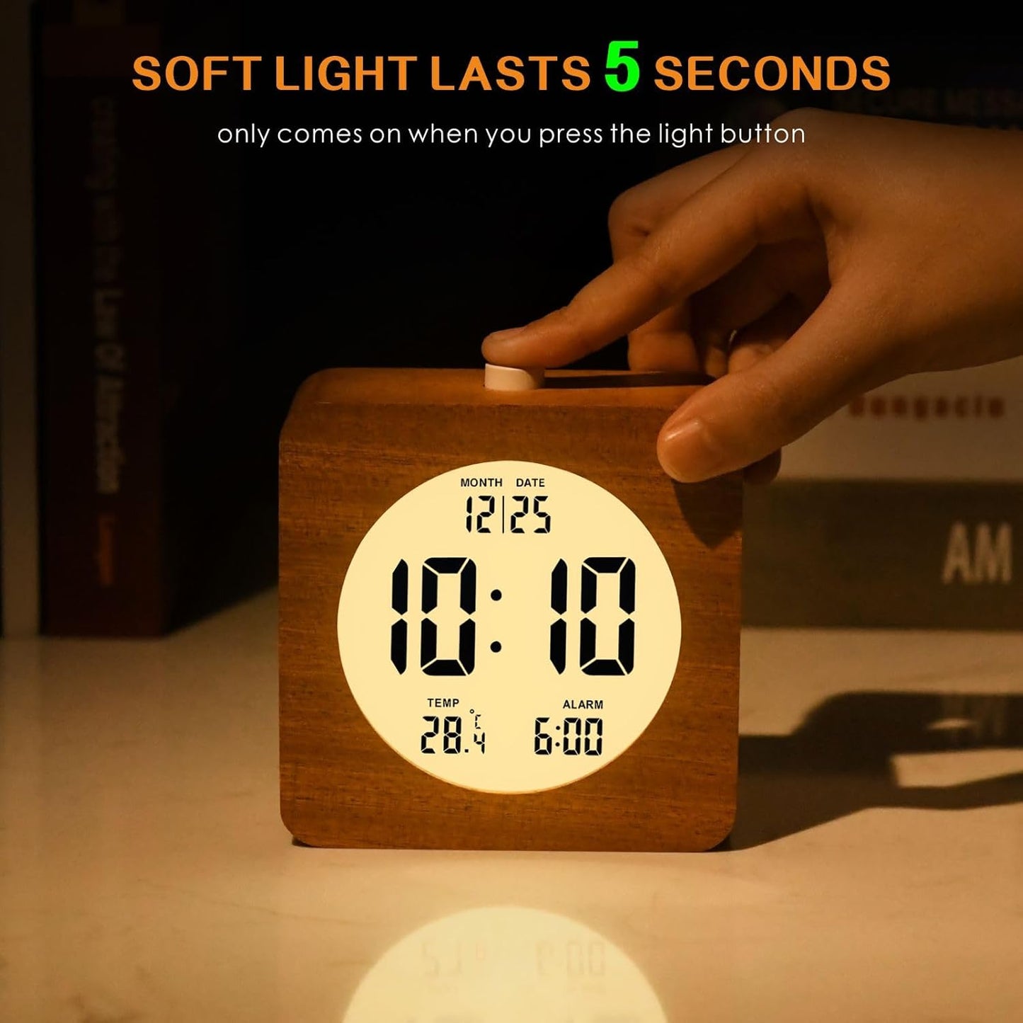 Plumeet Wooden Digital Alarm Clock for Bedrooms, Wood 4'' Battery Powered Alarm Clock with Snooze and Nightlight, Electronic LCD Desk Clock Display Time, Date, Temp, 12/24H, Wood Décor (Sapele, 3.2'')