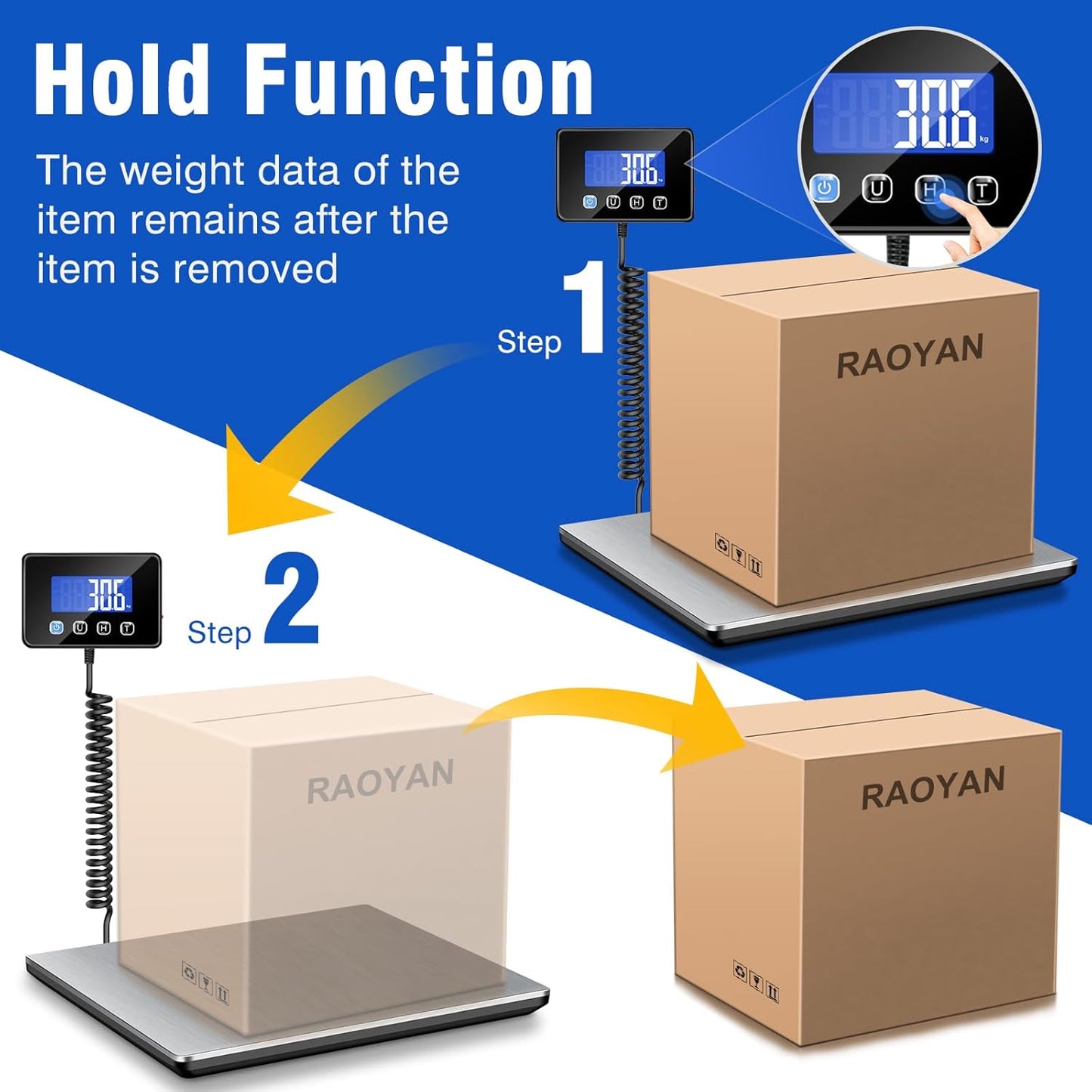 RAOYAN Shipping Scale, 660 lb / 1 oz High Accuracy Digital Postal Scale with LCD Display, Hold/Tare Function, Shipping Scale for Package, Luggage, Warehouse (Including 2 Batteries, Charging Cable)
