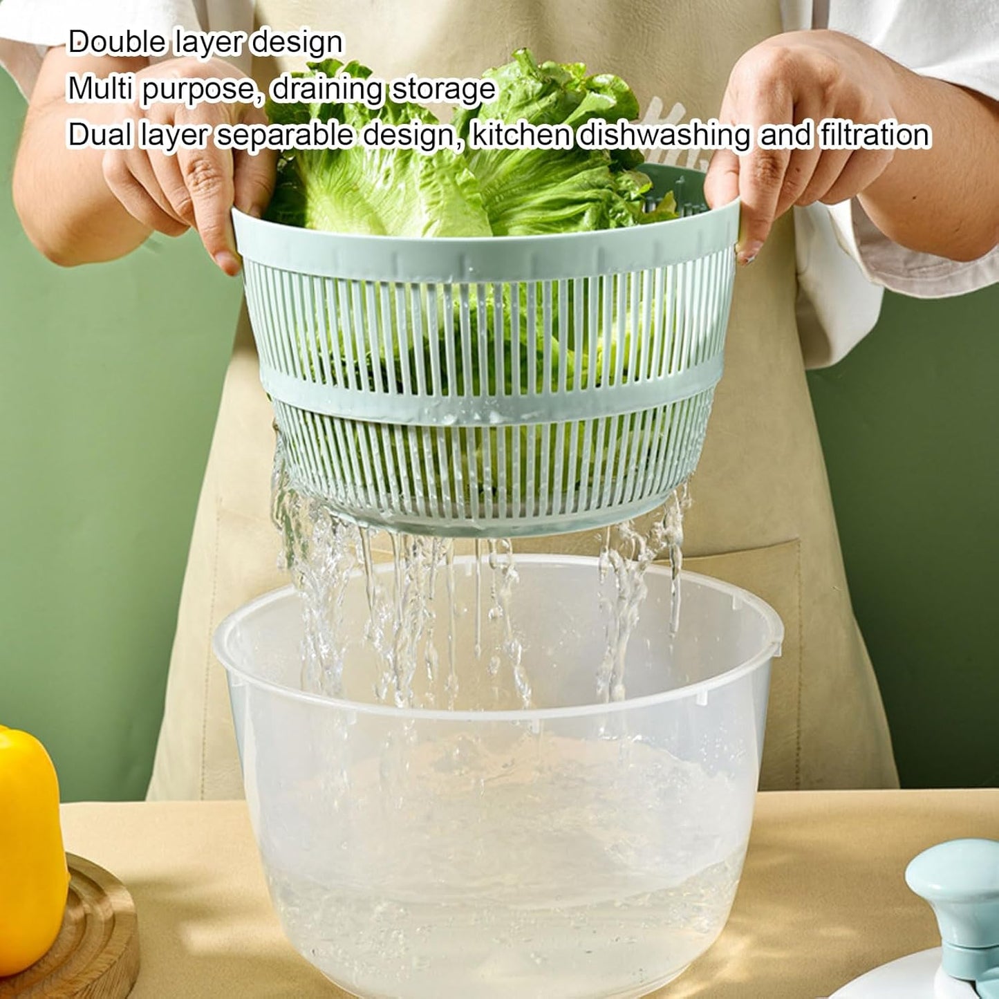 Salad Spinner Vegetable Dryer Lettuce Spinner 5L Large Capacity Fruit Washing Bowl with Strainer Manual Water Drainage Multi Purpose Kitchen Tool