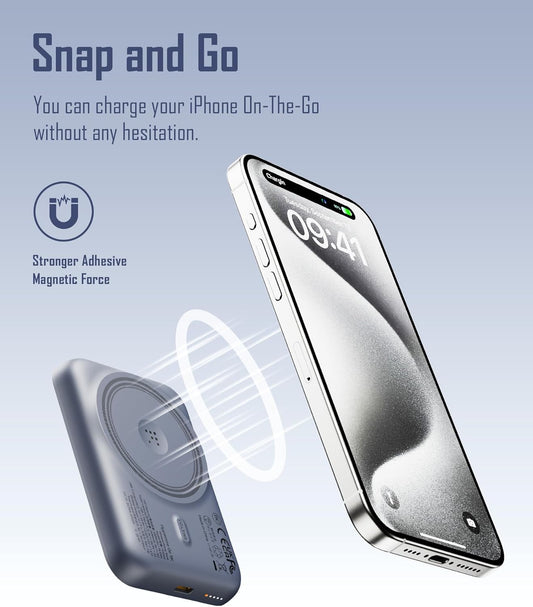 VOLTME Magnetic Power Bank,5000mAh PD 20W Portable Bank Phone Charger, Wireless Powerbank with 60w 25cm USB-C Cable,Battery Pack Power Bank Compatible with iPhone 17/16/15/14/13/12 Series