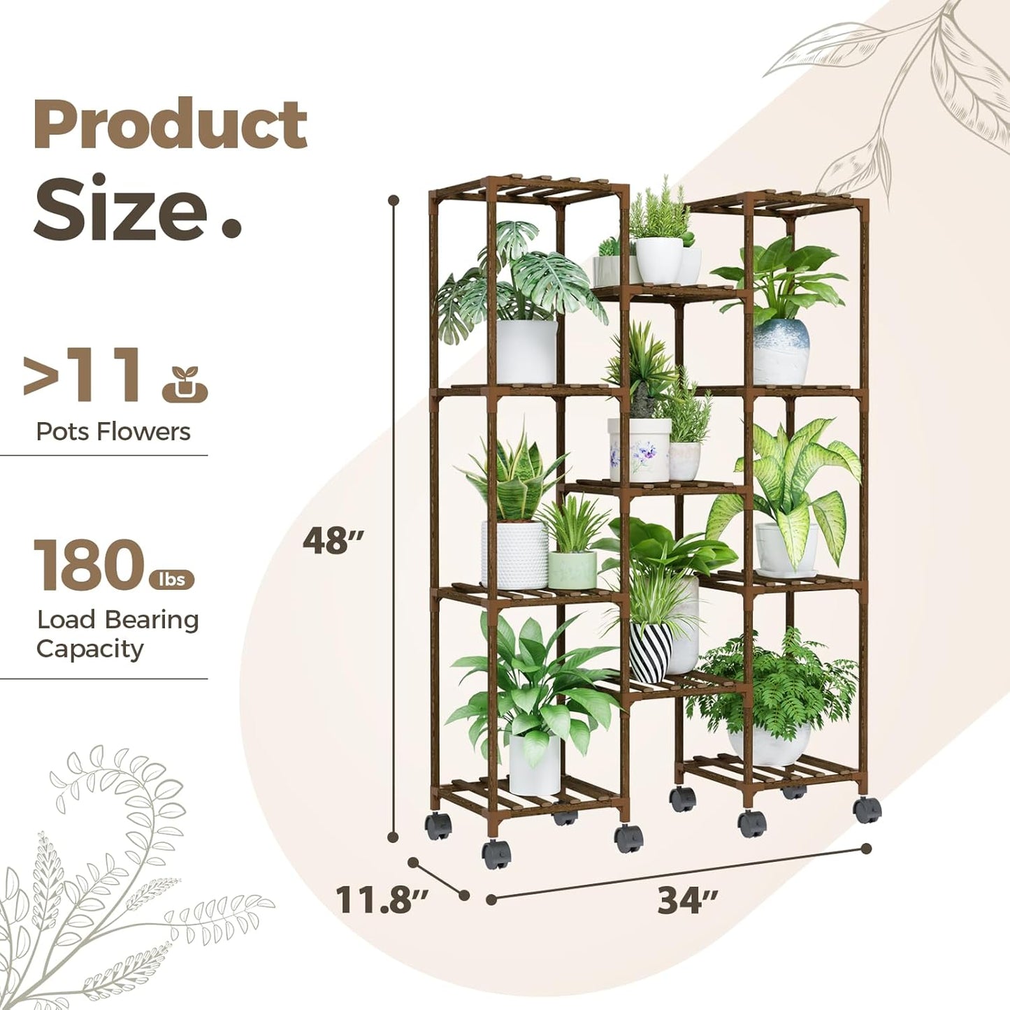 Bamworld Plant Stand Indoor Outdoor Hanging Plant Shelf for Multiple Plants Pots Wood Flower Stand Tall Large Flower Holder for Living Room, Patio, Balcony, Garden Decor, Brown
