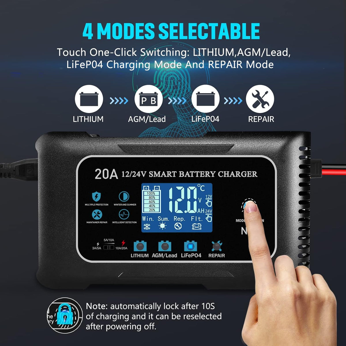 Lithium Lifepo4 Battery Charger,12V 24V Fully Automatic Car Battery Charger, 12 Volt-20A, 24 Volt-10A Trickle Charger maintainer, AGM Deep Cycle Battery Charger - PuriLite