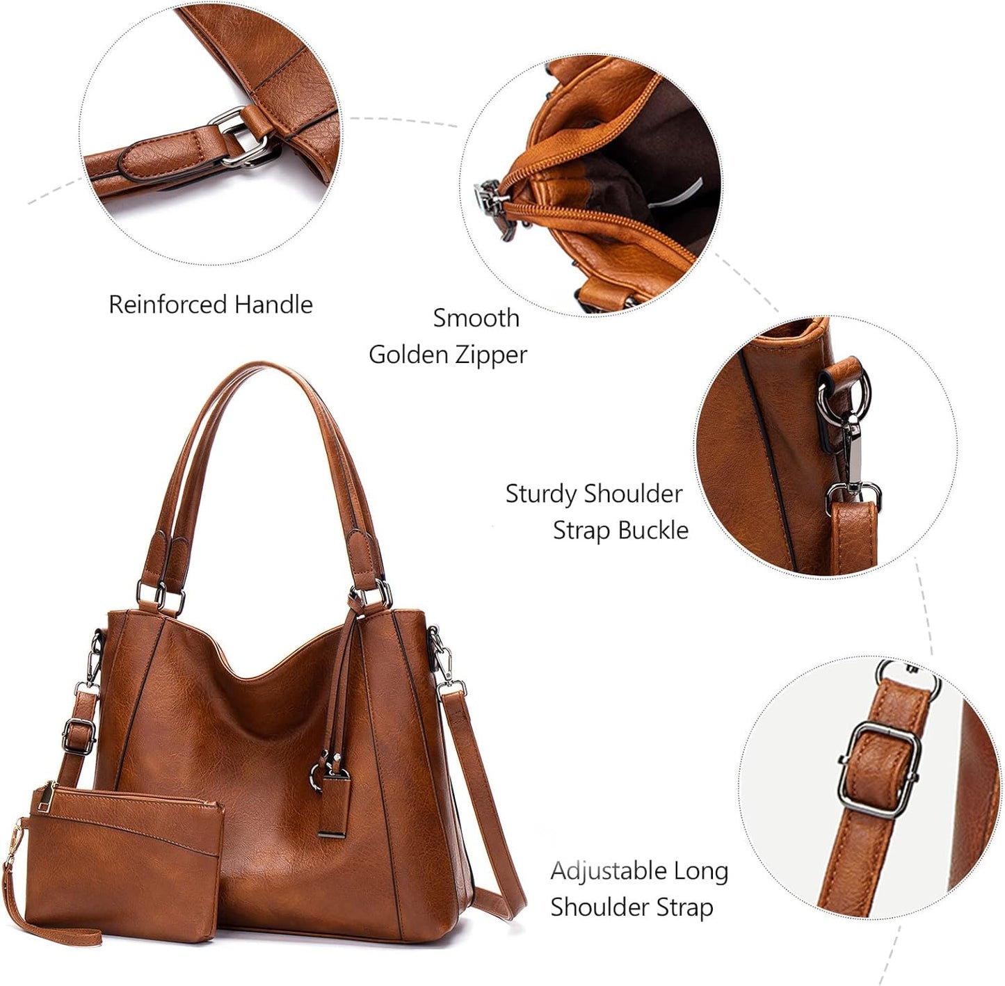 Hobo Bags for Women Handbags Purse Ladies Boho Shoulder Bag Crossbody Purses PU Leather Brown 2PCS