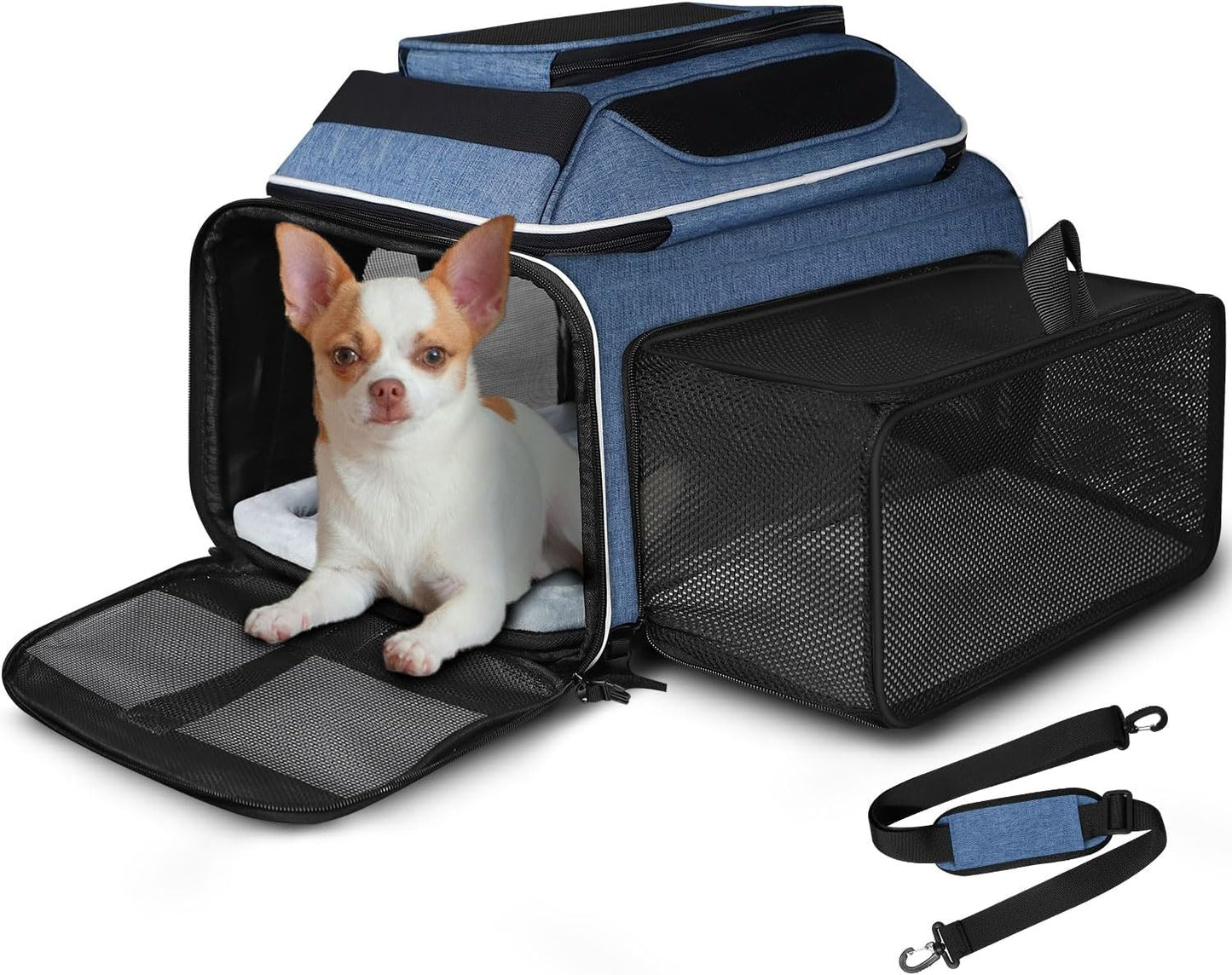 Petskd Top and Side Expandable Pet Carrier 17x12x8.5 Inches JetBlue Frontier Spirit Airline Approved, Soft-Sided Carrier for Small Cats and Dogs with Locking Safety Zipper and Anti-Scratch Mesh(Black)