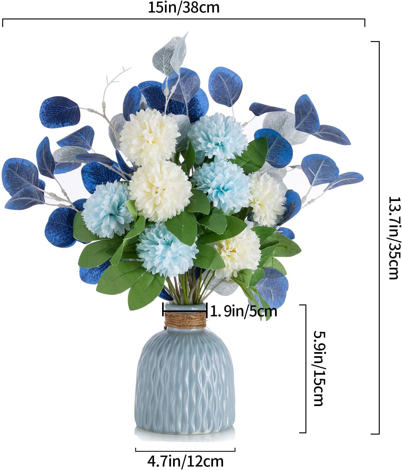 BLOSMON White Fake Flowers with Vase: Small Coffee Table Decor Bathroom Hydrangea Faux Flowers in Vase Office Desk Shelf Home Living Room Bedroom Vanity nightstand Decorations Floral Arrangement