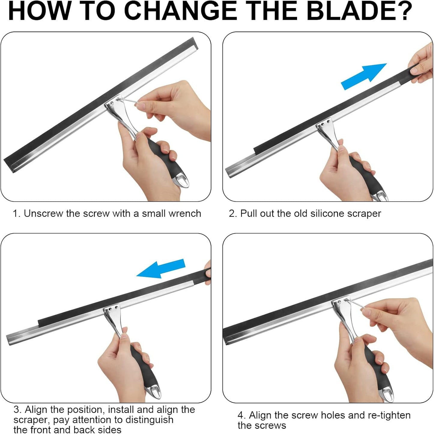 14 Inch Shower Squeegee Stainless Steel with Shower Door Hook and Adhesive Hook Glass Squeegee Bathroom for Doors, Bathroom, Windows, Kitchen, Mirror with Spare Silicone Blade 2 Hooks