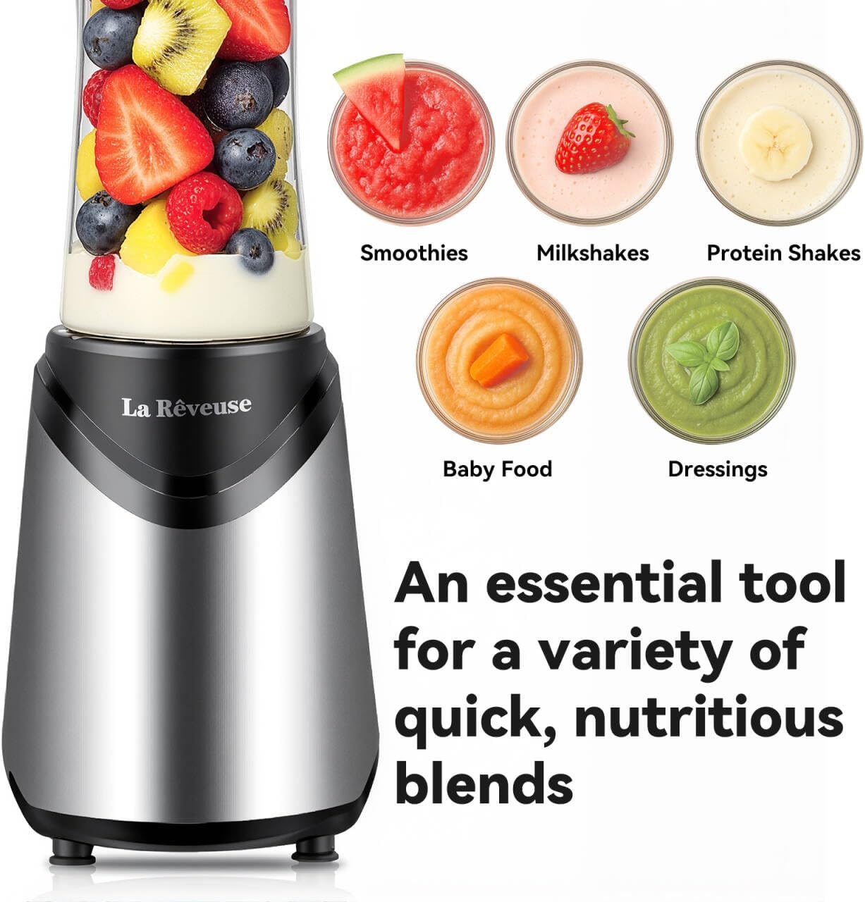 La Reveuse Smoothies Blender Personal Size 300 Watts with 2 Pieces 18 oz BPA Free Portable Travel Sports Bottles (Silver 2 Cups)