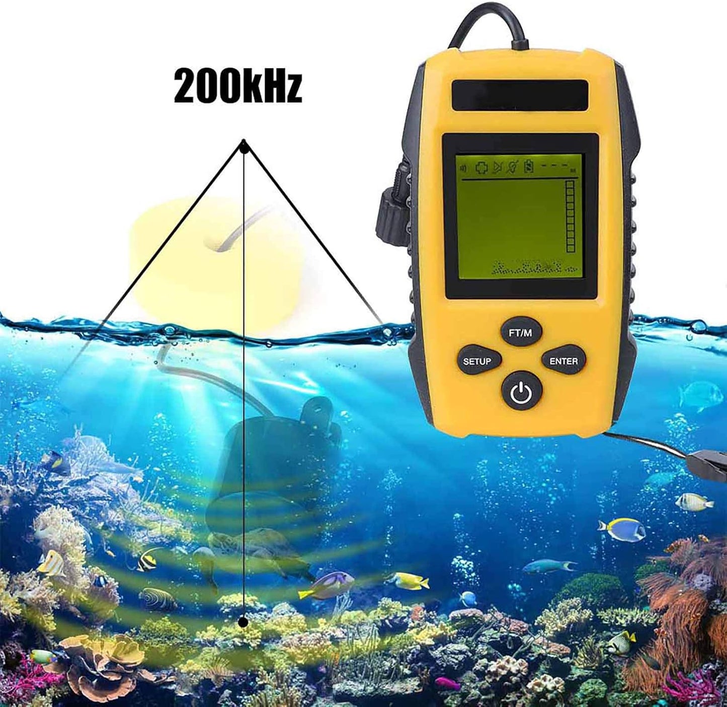 Fish Finder, Portable Fishing Kayak Fishfinder Handheld Fish Depth Finder with Sonar Sensor Transducer and LCD Display Fish Detector Device for Fishing