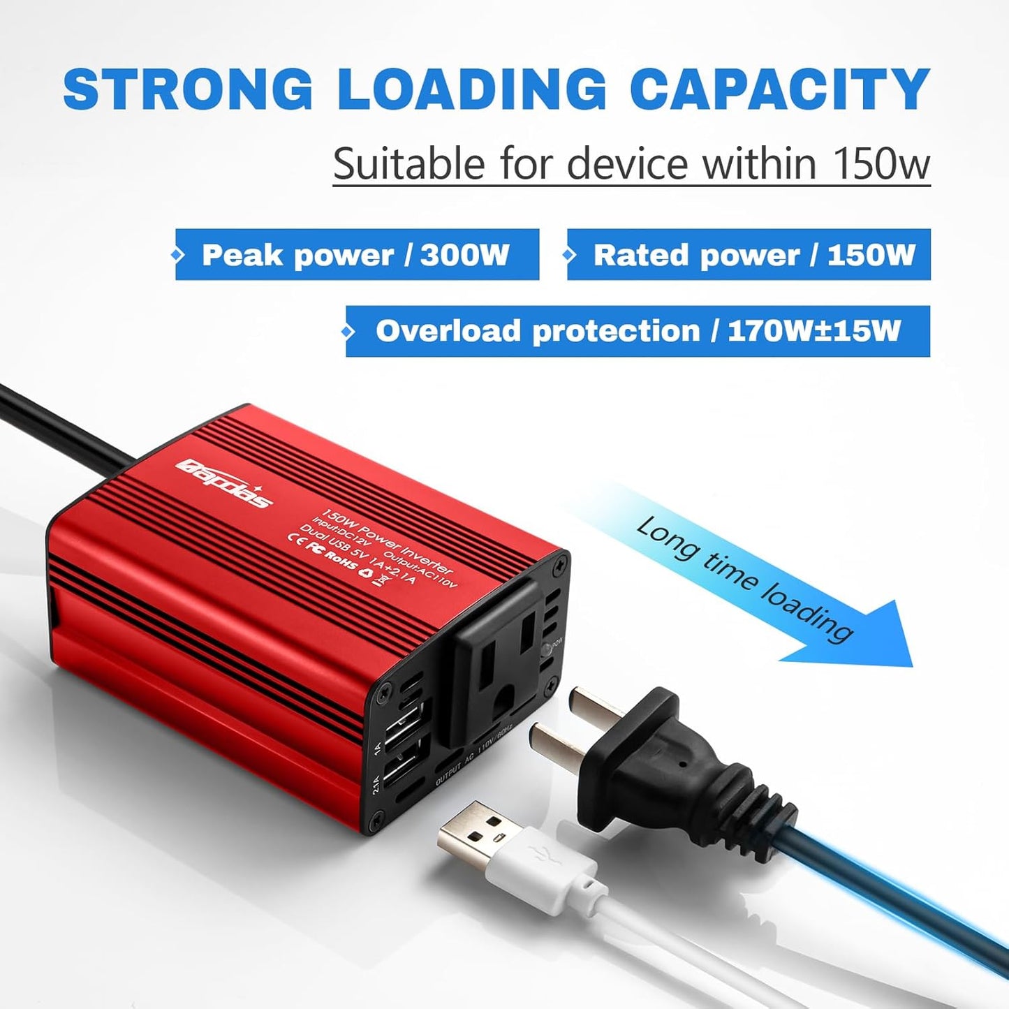 Bapdas 150W Car Power Inverter with 1 DC 12V to 110V AC Outlet Converter and 2 USB Ports Auto Charger Adapter for Laptops and Smartphones-Black