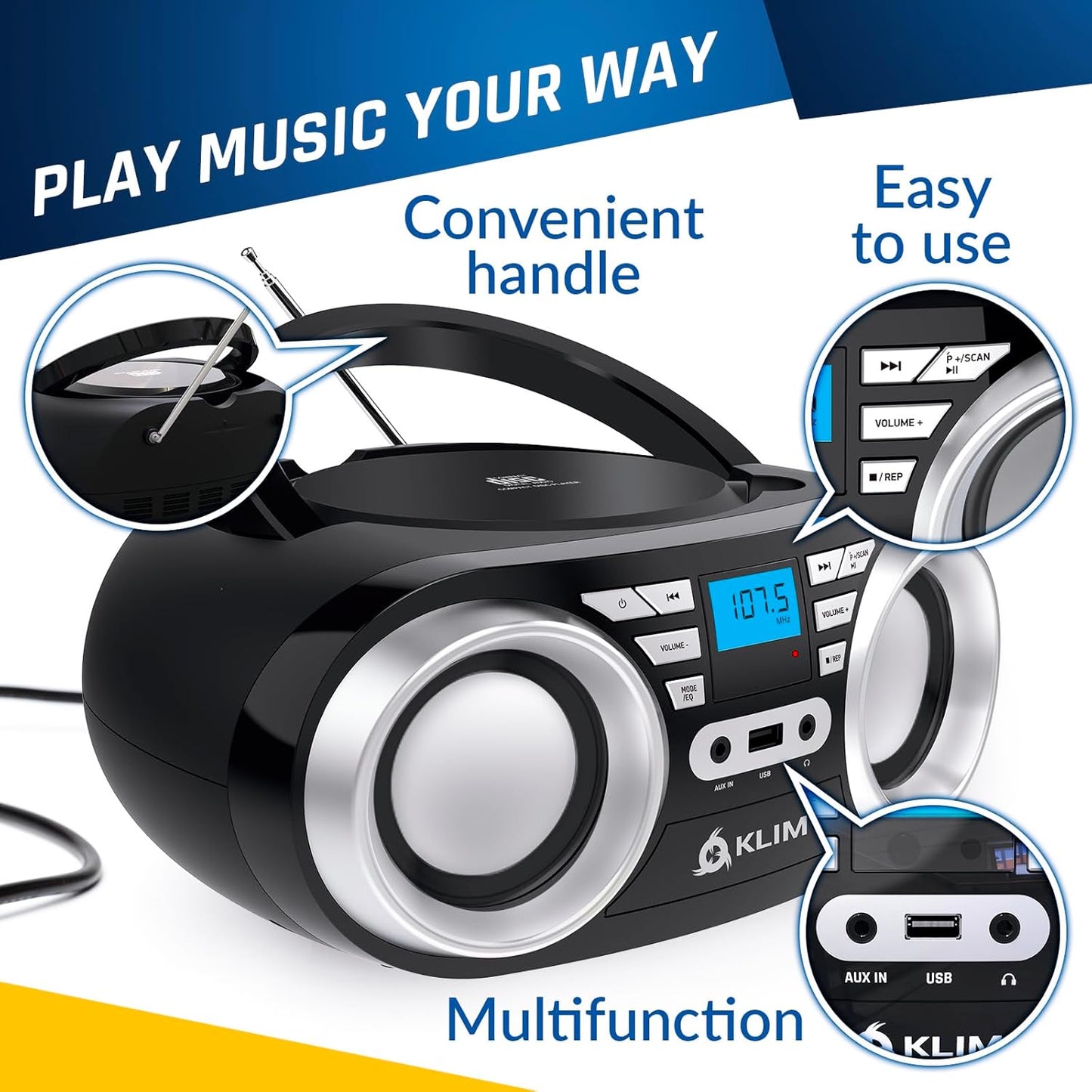 KLIM B3 Portable CD Player Boombox with FM Radio, Bluetooth, USB, AUX, and FM Radio Dual Speakers, EQ Sound Effects, 20 Preset Stations, Compact and Lightweight - Black No RGB