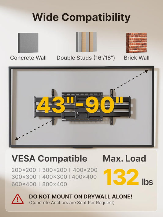 monTEK Long Arm TV Wall Mount for Most 43-90 Inch TVs, 42.5 Inch Long Extension TV Mount Swivel and Tilt, Full Motion Wall Mount TV Bracket Fit Max VESA 800 x 400mm, Up to 132 lbs, 16”,18” Studs - PuriLite