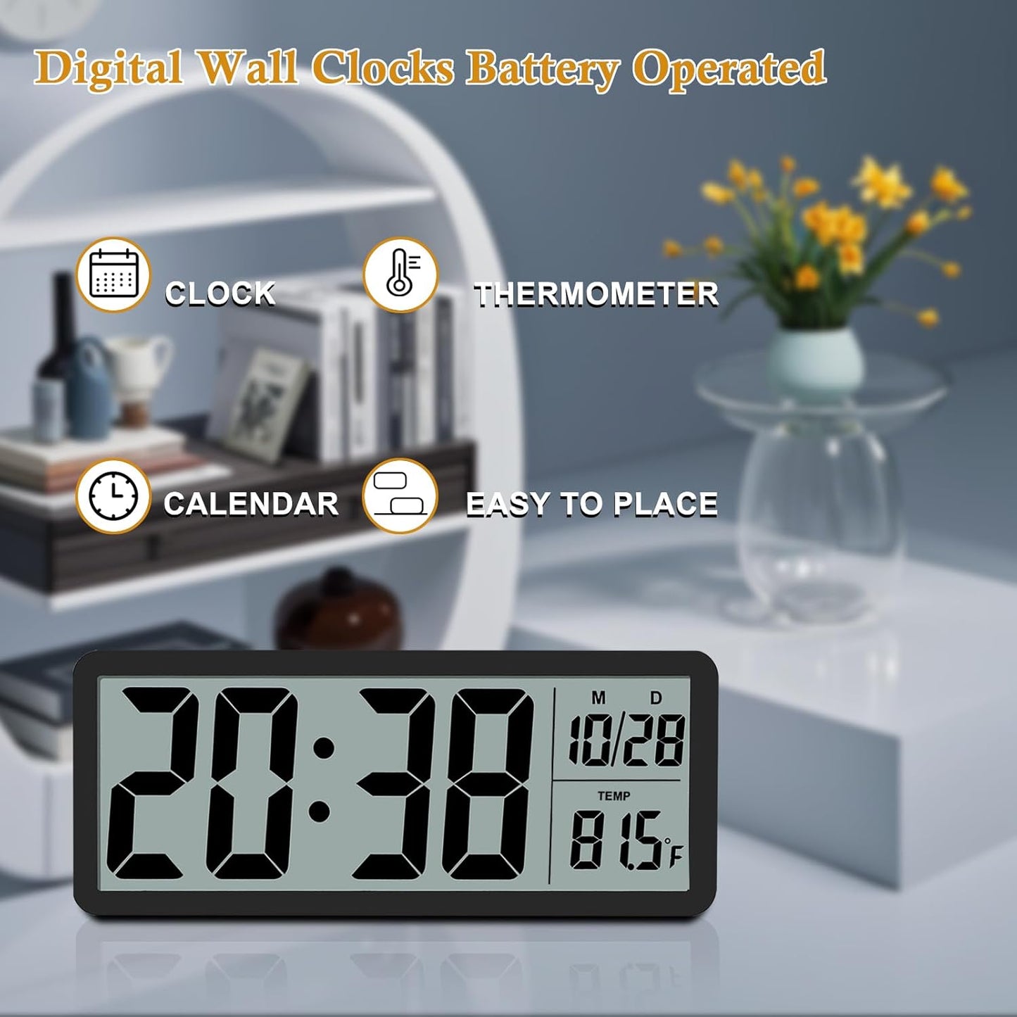 QINYUNE Digital LCD Wall Clock Easy to Set, 8.5 Inch LCD Screen with Time/Date/Temperature Display,Simple Digital Desk Clock with 12/24H for Bedroom Living Room Office