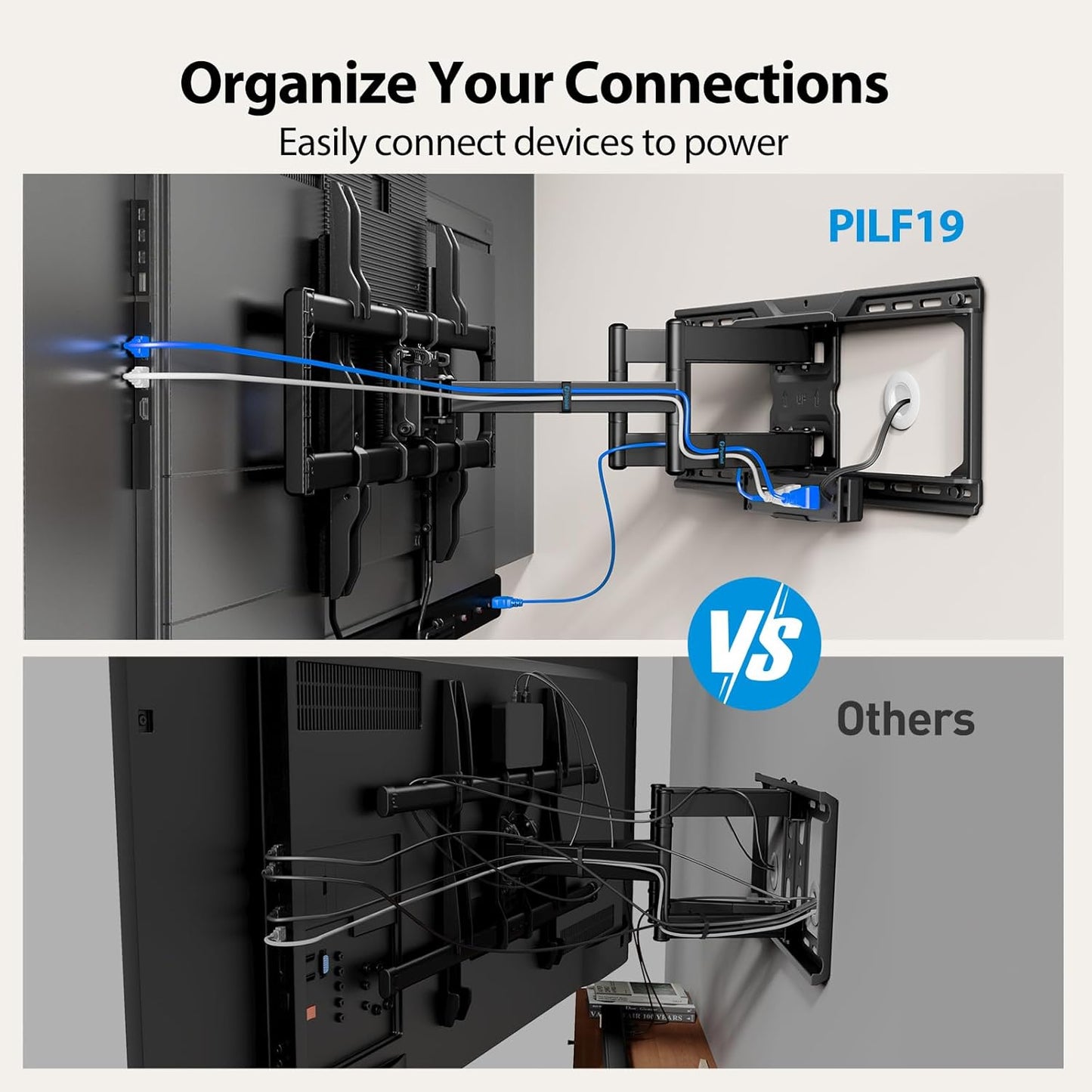 Pipishell Full Motion TV Wall Mount with Power Strip for 42–90 Inch TVs up to 150 lbs, Pre-Assembled TV Mount Has Smooth Swivel, Tilt, Extension, Max VESA 600x400mm, 12“/16”/24” Wood Studs, PILF19
