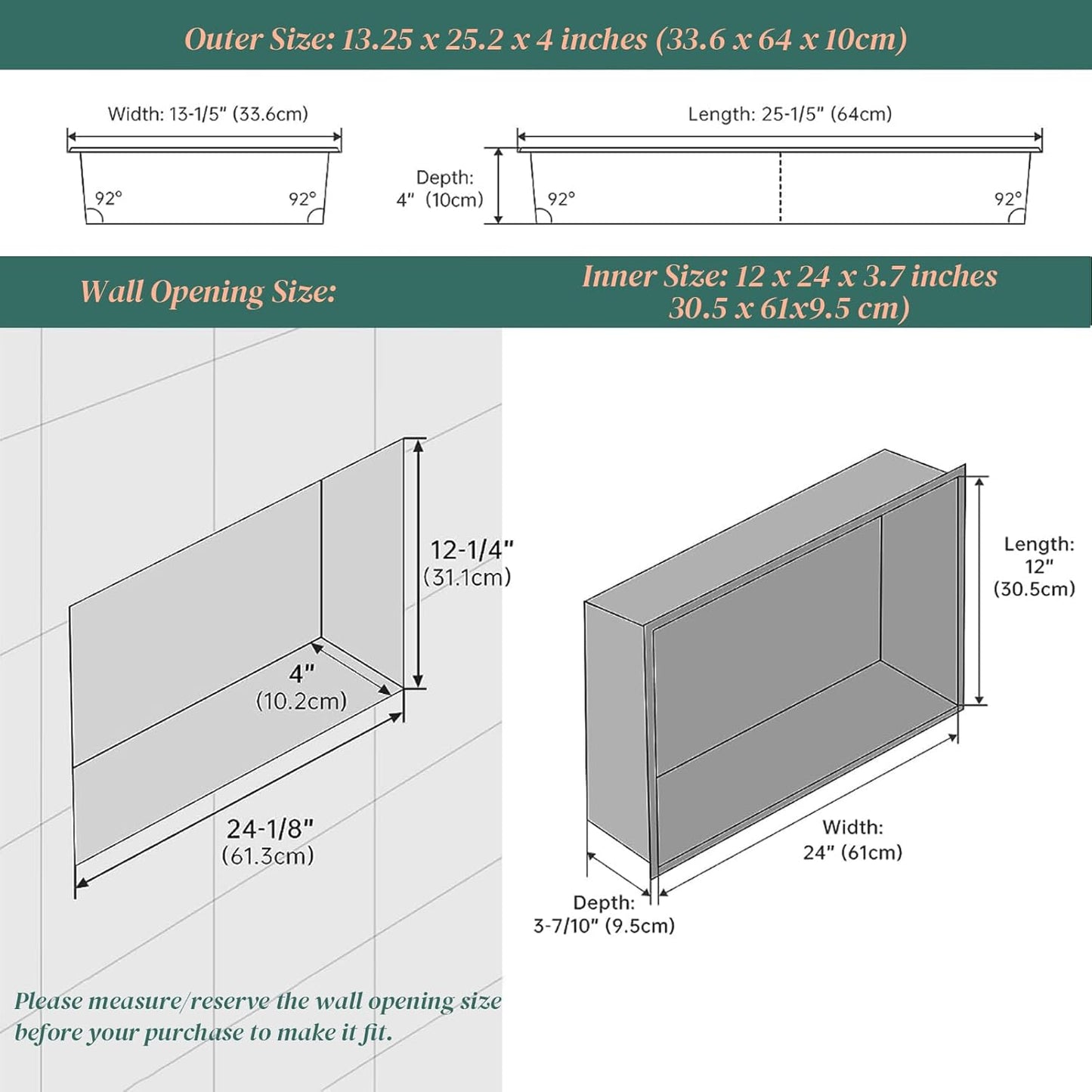 BLYLUND Shower Niche 12" x 24" NO Tile Needed,Matte Black Double Shelf Organizer, Square Corners Wall-Inserted Niche Recessed Shower Shelf Modern Soap Niche for Bathroom