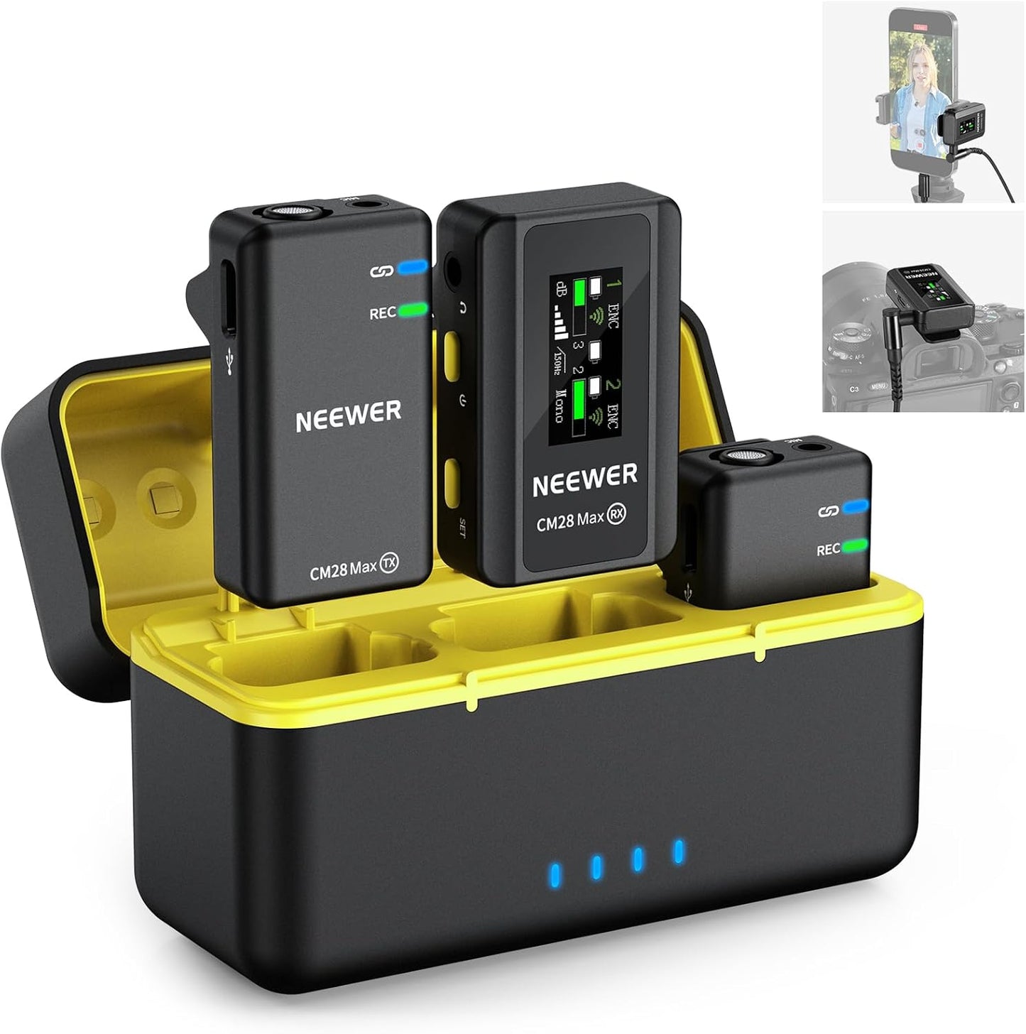 NEEWER CM28 Wireless Lavalier Microphone System with Charging Case, 1 Click Noise Canceling, 4GB Storage for 9Hrs of 48KHz 16 Bit Uncompressed Audio Lapel Mic Compatible with iPhone/Android/PC/Camera