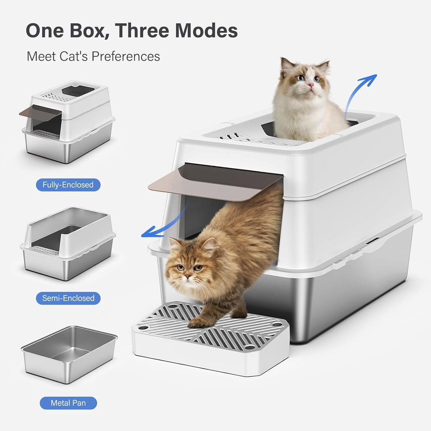 Stainless Steel Litter Box with Lid, XL Extra Large Enclosed Cat Litter Box for Big Cats 110° Flip Cover, Top Entry Metal High Sided Litter Box & Pedal & Scoop, Anti-Leakage (Grey)