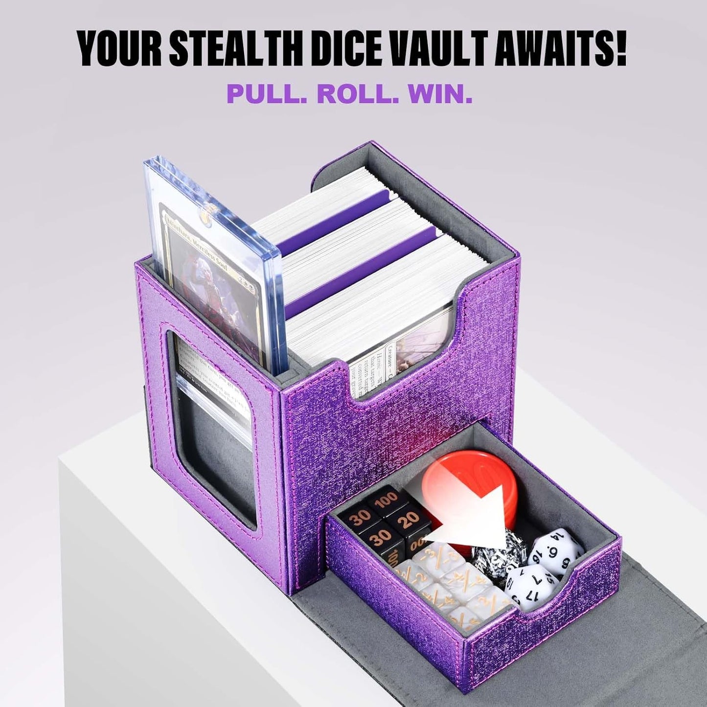 Kabinka Commander Deck Box for MTG with Metal Emblem, Card Deck Box with Dice Tray, Hold 100 Double-Sleeved Cards for TCG/PTCG, Cards Storage Case, 35PT Magnetic Card Holder (Black& Purple, Lotus)