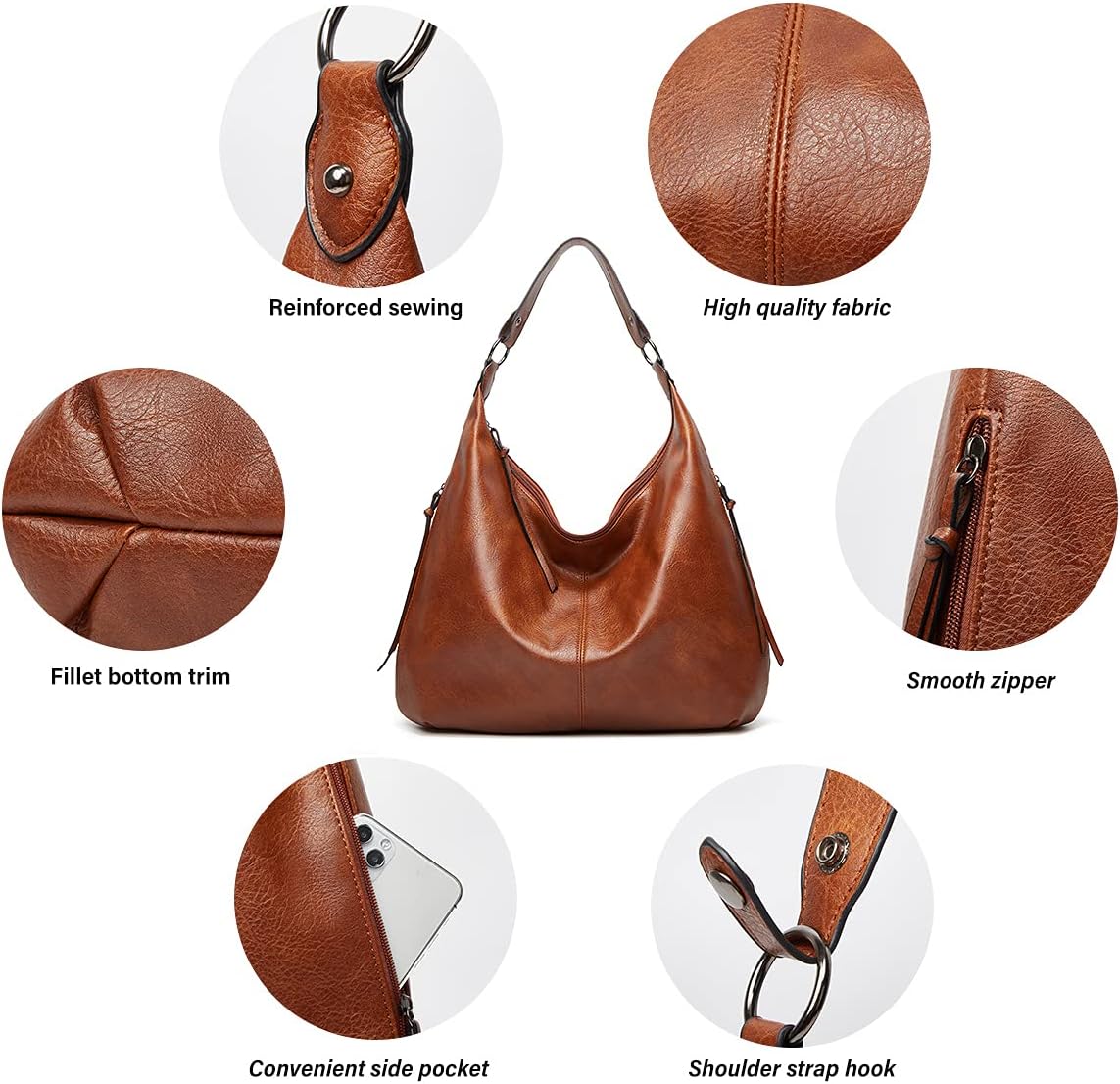 Ashioup Hobo Bags for Women Soft PU Leather Shoulder Bag Vintage Slouchy Handbag with Zipper