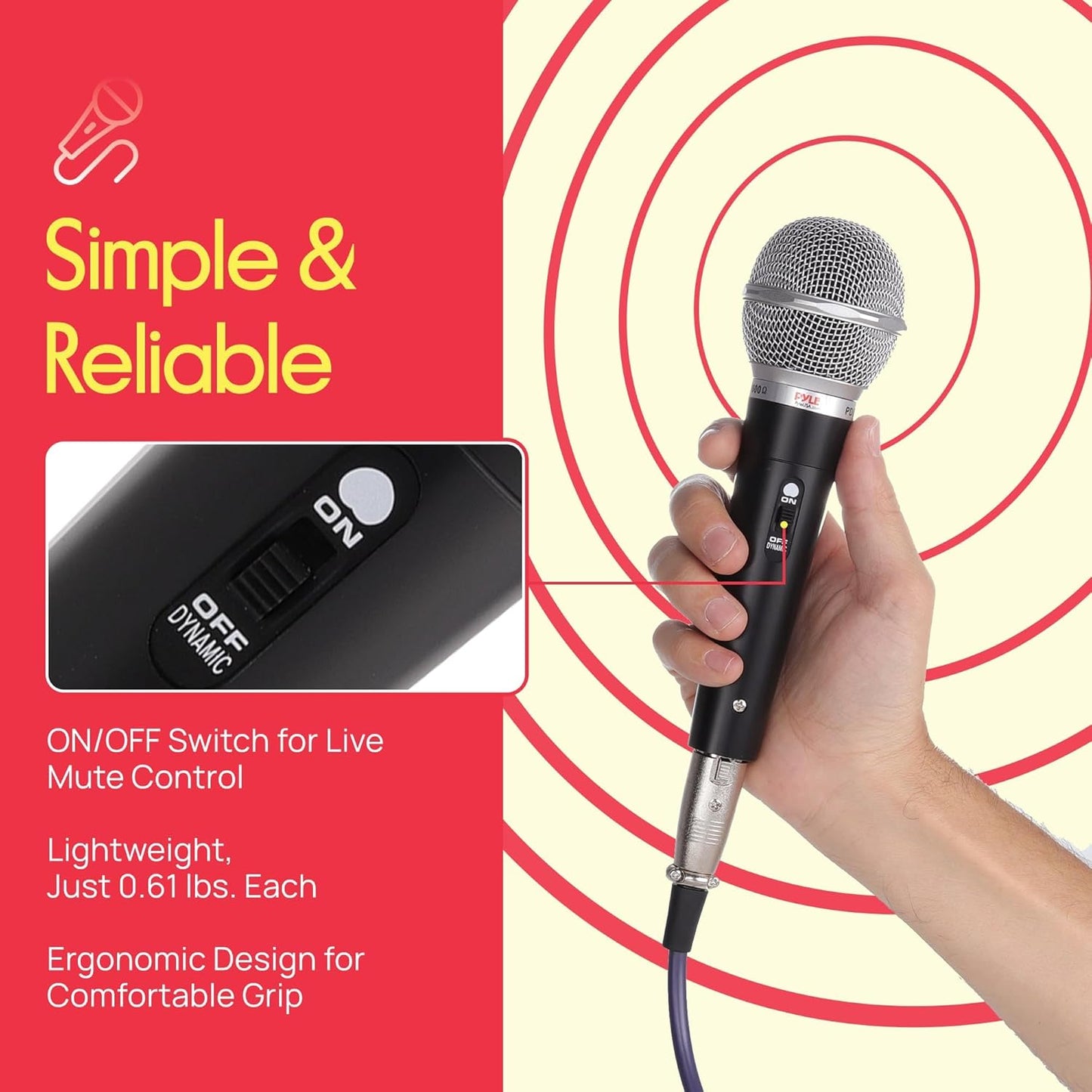 Pyle Professional Dynamic Vocal Microphone - Moving Coil Dynamic Cardioid Unidirectional Handheld Microphone with ON/OFF Switch Includes 15ft XLR Audio Cable to 1/4'' Audio Connection - PDMIC59