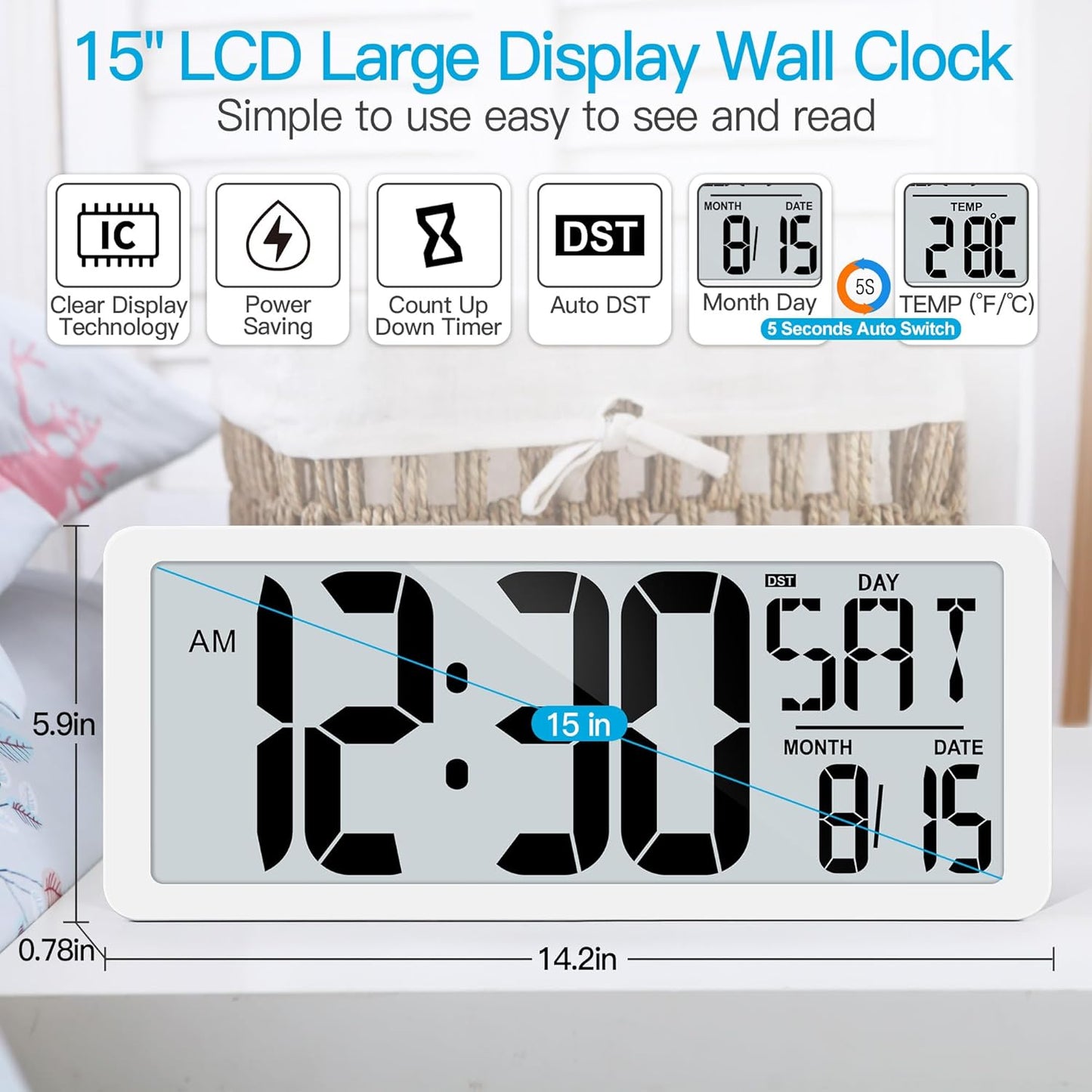 KMMKGG 15" Large Digital Wall Clock Battery Operated, Digital Clock Display with Day, Date & Temperature, Large Wall Clock for Bedroom, Livingroom, Office(4.6" Numbers)