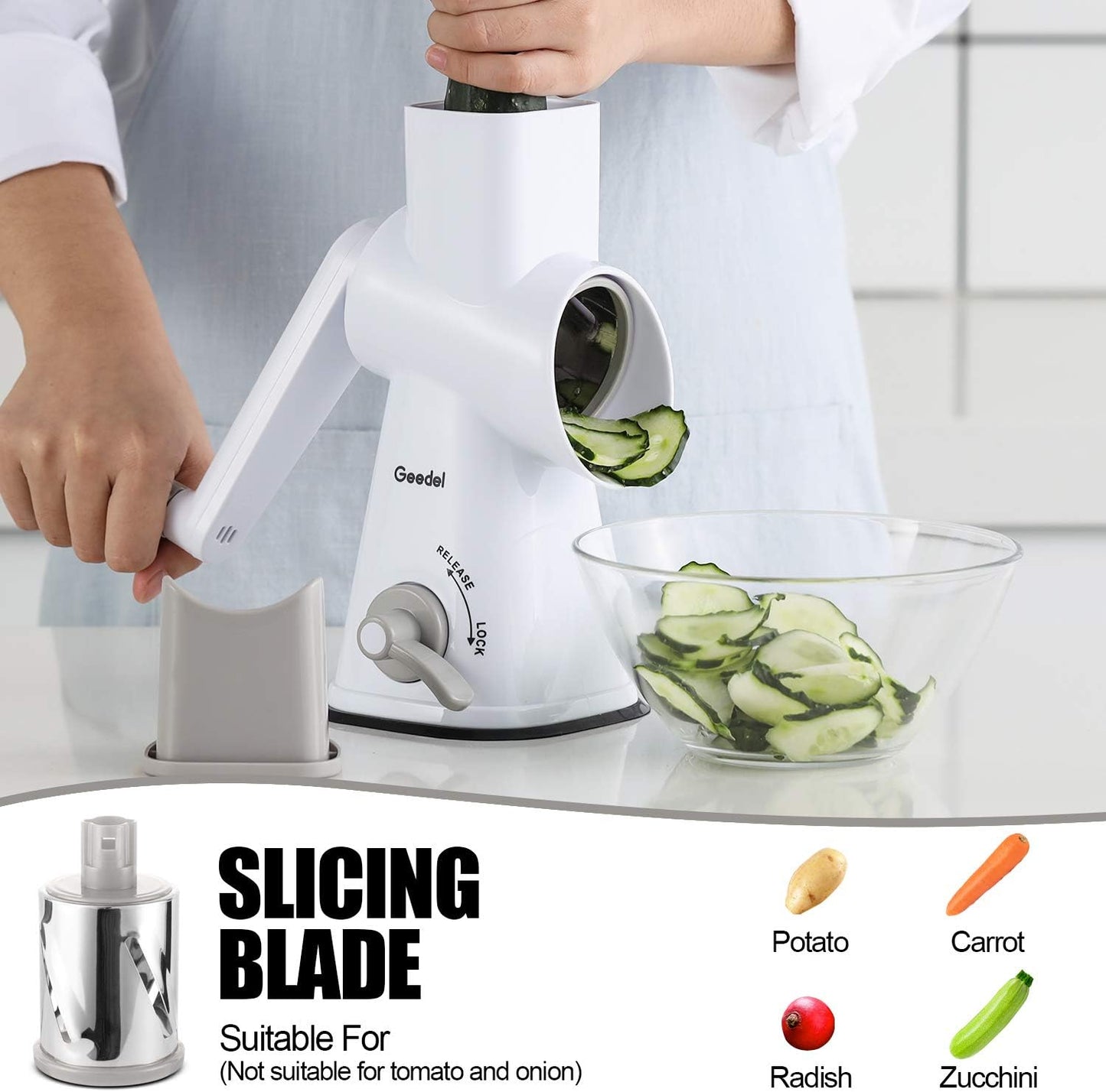 Geedel Kitchen Cheese Grater, Rotary Mandoline Vegetable Slicer with Interchangeable Blades, Easy to Use Rotary Grater Slicer for Fruit, Vegetables, Nuts