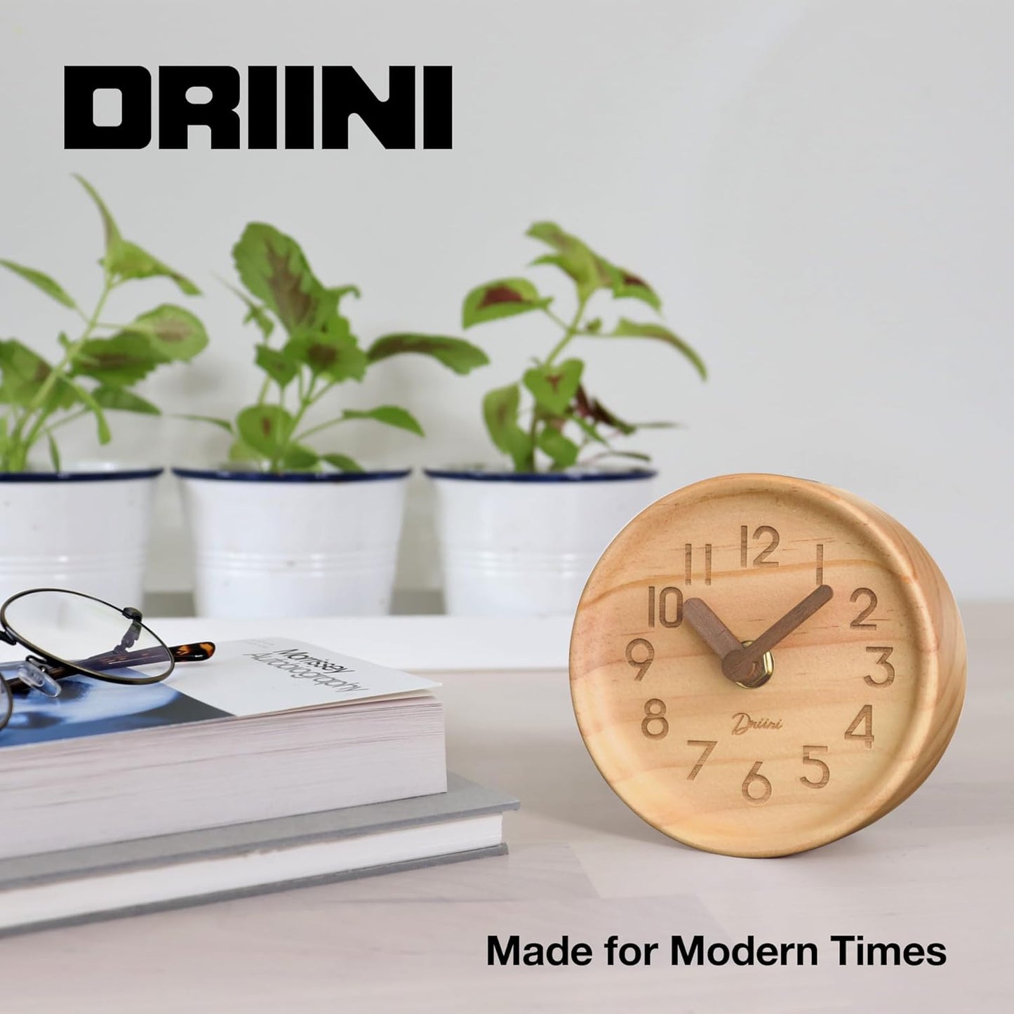 Driini Wooden Analog Desktop Clock – 4.3 in. Decorative Pinewood Clock, No-Tick Design – Easy to Read Silent Sweep Mantle Clock – Quiet Tabletop Clocks with Wood Body, Hands, & Battery Cover; Blue