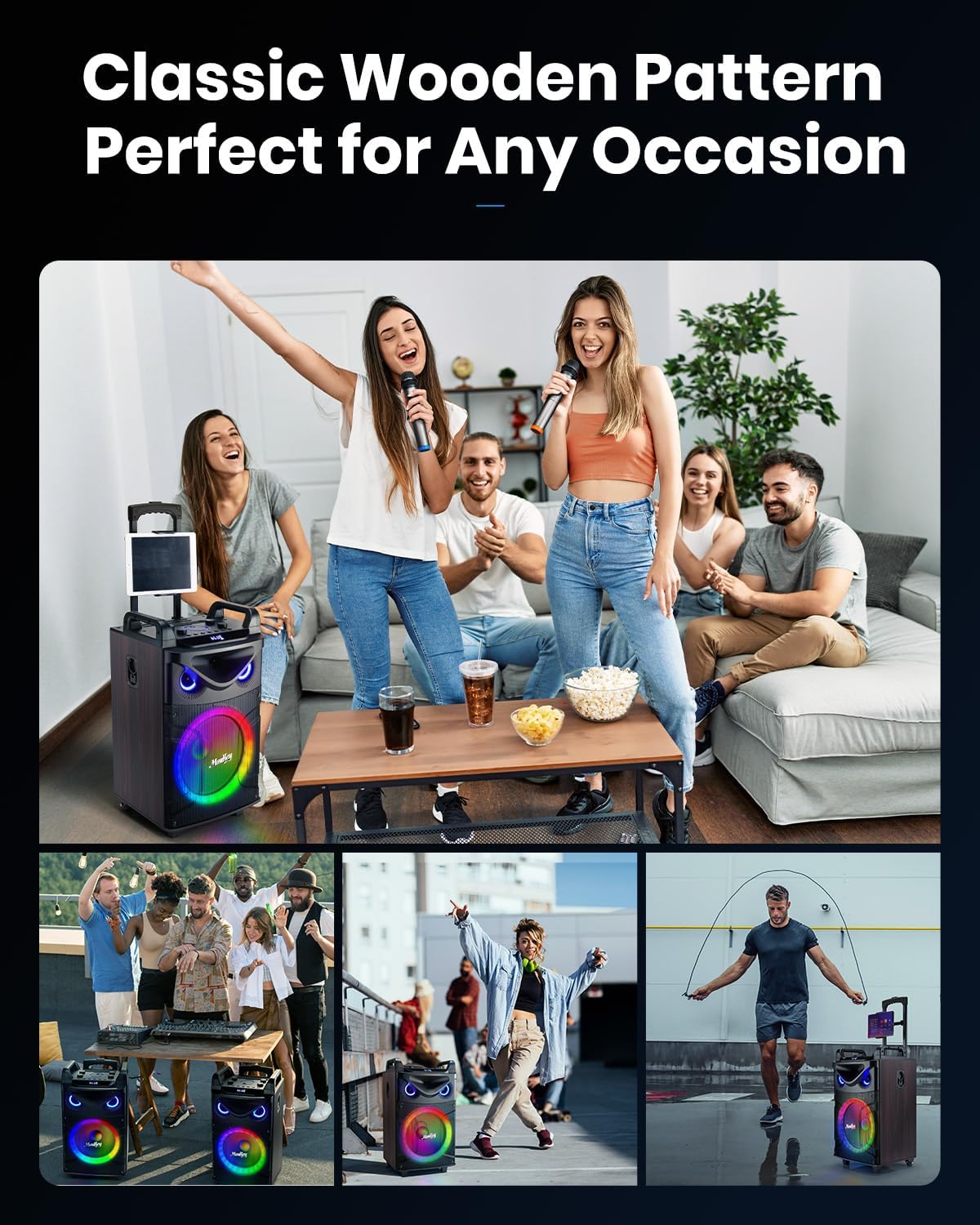 Moukey Karaoke Machine, 10" Woofer Portable PA System, Bluetooth Speaker with 2 Wireless Microphones, Lyrics Display Tablet Holder, Party Lights & Echo/Treble/Bass Adjustment Support REC/AUX/USB/TF