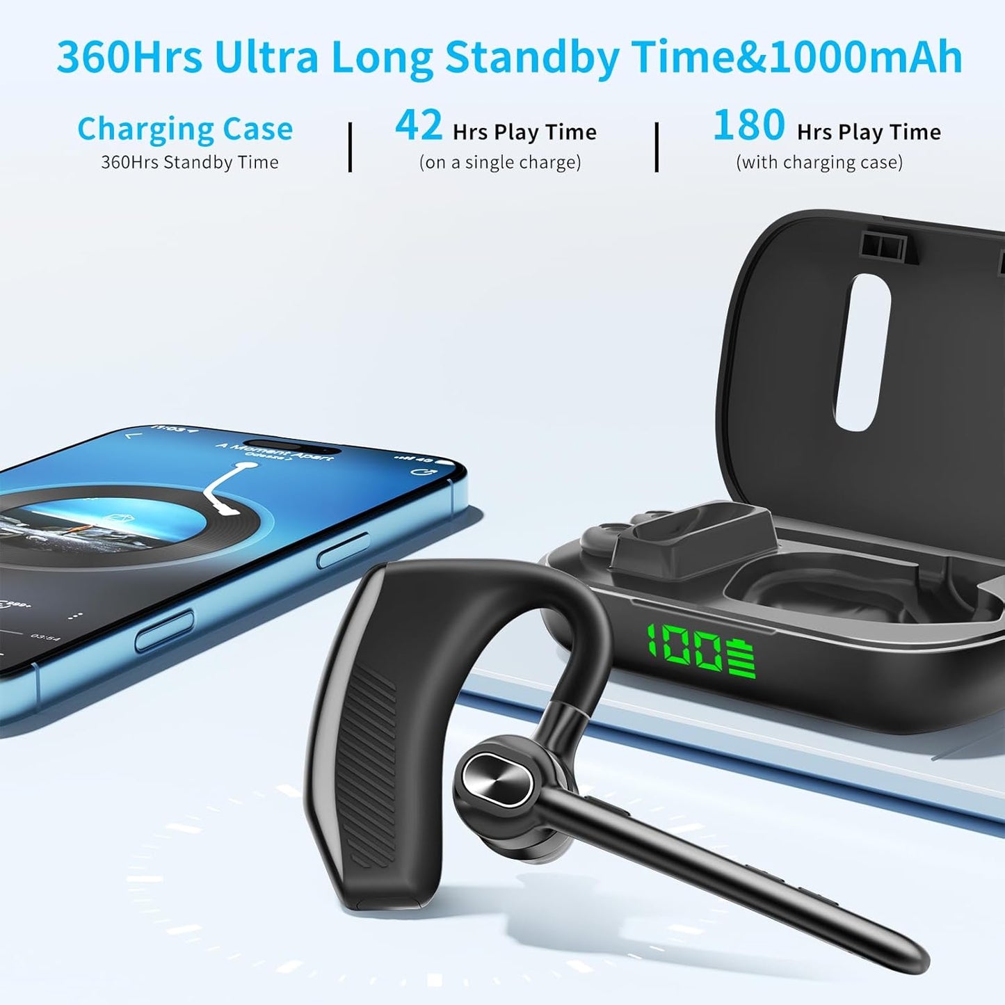 Wireless Headset Bluetooth Earpiece with Dual Noise Canceling Microphone Hands Free Headphones Single Ear Earphone Over Ear Earbud for iPhone Samsung Android Cellphones TV PC Trucker Game Work