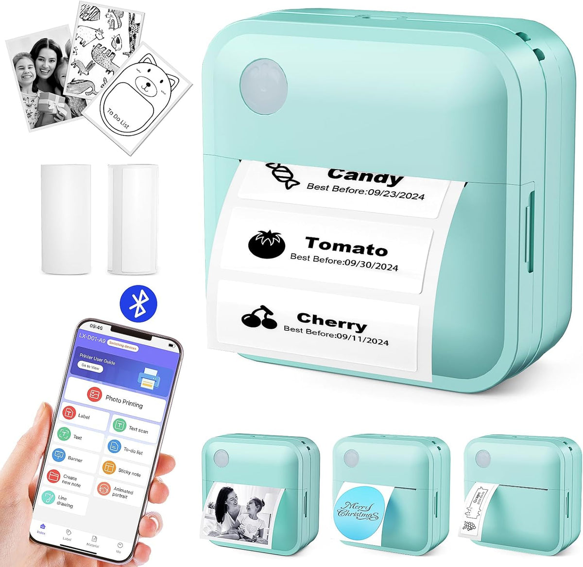 Label Maker Machine with Tape - Thermal Label Printer Bluetooth Label Maker Machine, Mini Printer Sticker Maker for Home, Kitchen, School, Office Organization with 2 Rolls Paper (Green) - PuriLite