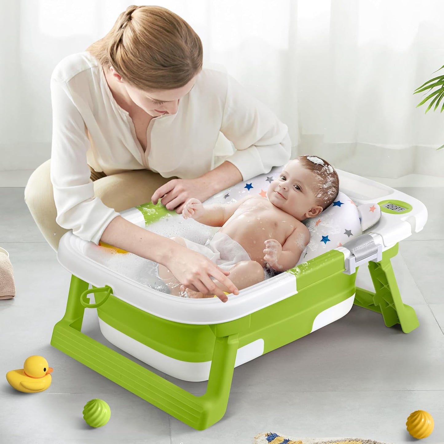 Collapsible Baby Bathtub,Baby Bath Tub with Thermometer & Soft Cushion,Baby Bathtub for Newborn to Toddler 0-36 Months,Portable Travel Baby Tub with No-Slip Feet,Baby Shower Gifts,Lavender
