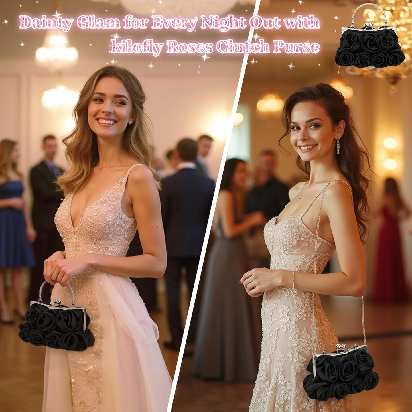 kilofly Missy K 7 Roses Clutch Purse, Satin, with Detachable Strap + kilofly Money Clip
