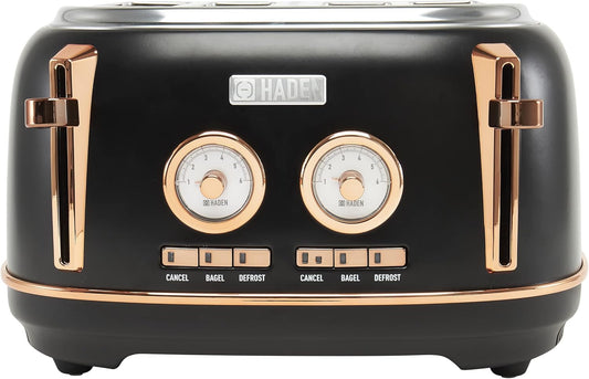 Haden Dorset 75083 Stainless Steel 1500W Retro Toaster 4 Slice Wide Slot w/Removable Crumb Tray and Settings, Black/Copper Toasters w/Adjustable Browning Control, Smart Toaster - PuriLite