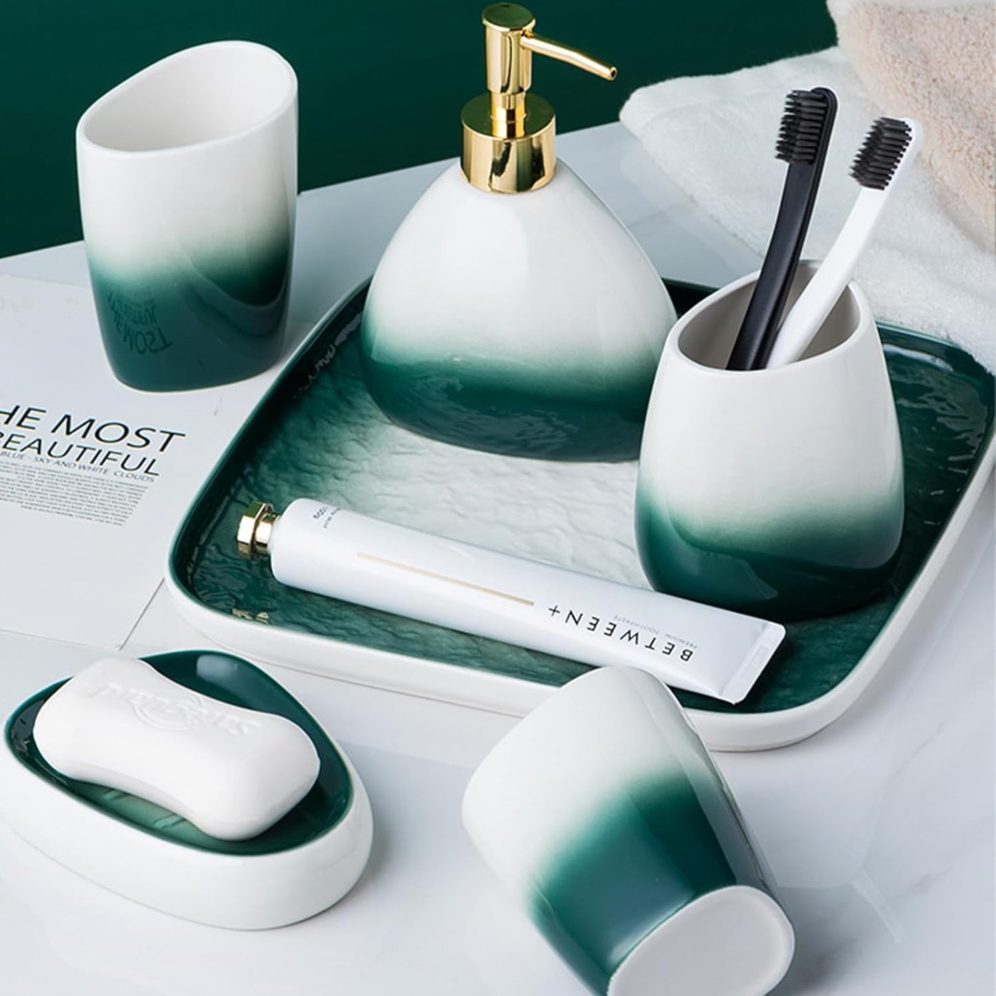 White Bathroom Accessories Set,Modern Countertop Bathroom Decor,Luxury 6 Piece Bathroom Accessory Set,Complete with Soap Dispenser,Toothbrush Holder,Tumbler,Tray
