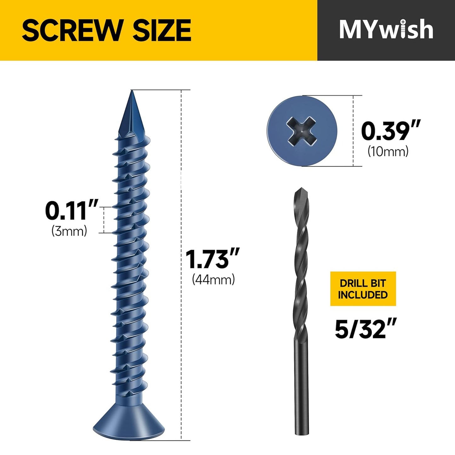 Mywish 30Pcs 1/4 x 1-3/4" Concrete Screws, Slotted Hex Washer Head Stucco Screws Anchor Kit with 3/16 Drill Bit, Masonry Screws Self Tapping for Anchoring to Masonry, Block or Brick Stucco