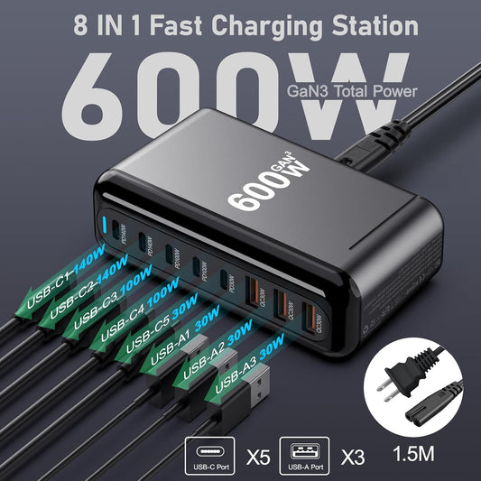 USB C Charger Block 600W Multi Port USB Fast Charging Station Hub GaN PPS PD 140W 100W Type C Wall Charger Power Adapter for Multiple Laptop iPad iPhone 17 MacBook Galaxy S26 Android Pixel 65W 45W 20W