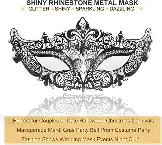 Masquerade Mask for Women Shiny Rhinestone Venetian Party Prom Ball Metal Mask - PuriLite