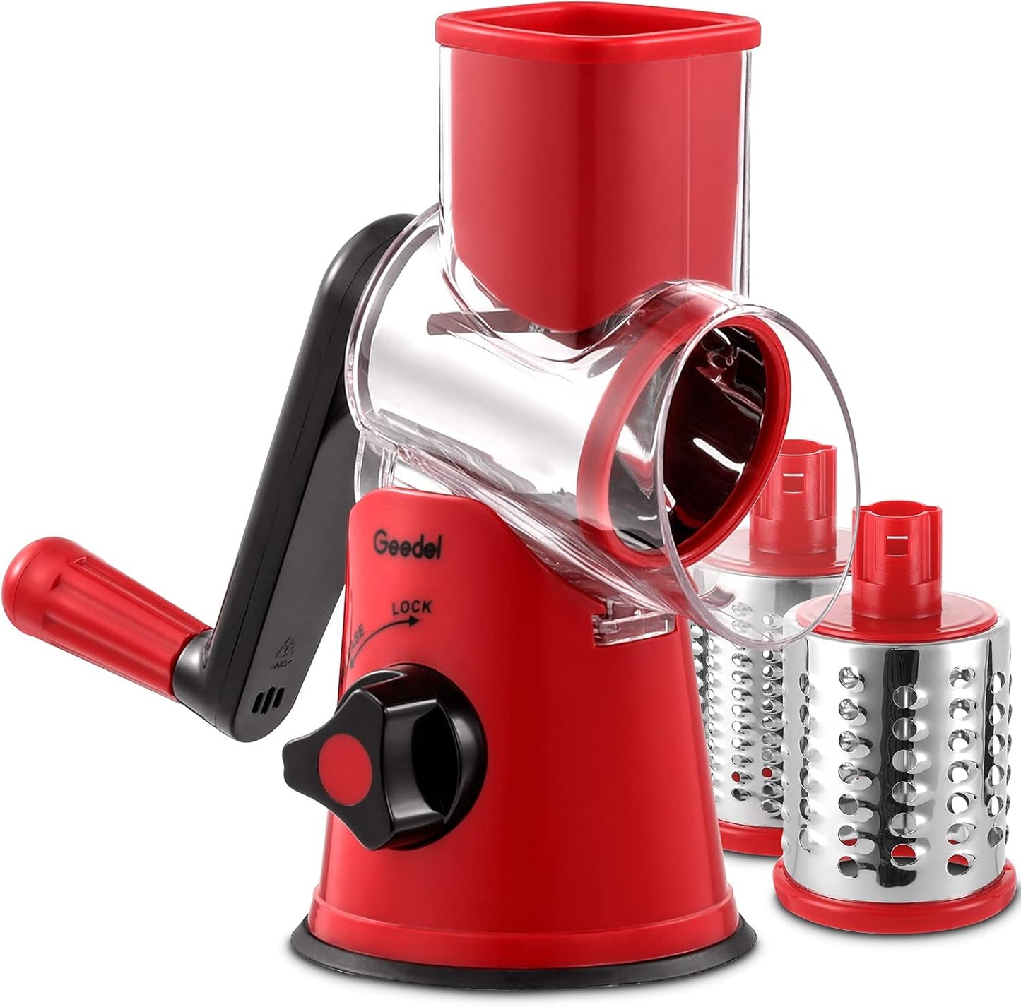 Geedel Kitchen Cheese Grater, Rotary Mandoline Vegetable Slicer with Interchangeable Blades, Easy to Use Rotary Grater Slicer for Fruit, Vegetables, Nuts
