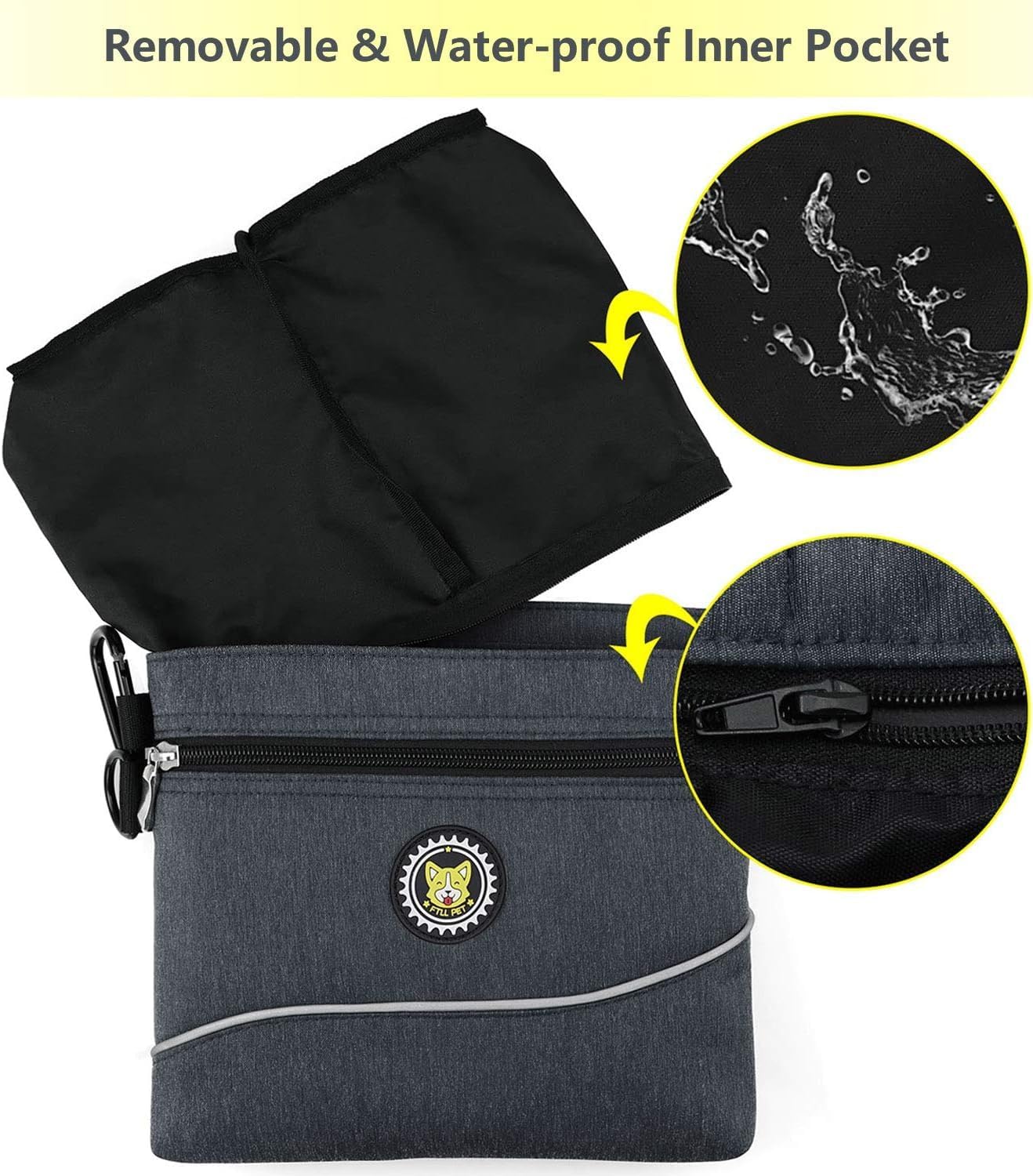 Dog Treat Pouch Bag with Magnetic Closure, 2 Zip Pockets, Dog Food Bag with Removable Inner Pocket, Padded Shoulder Strap, Perfect Food Bag for Agility Training - Including Carabiner