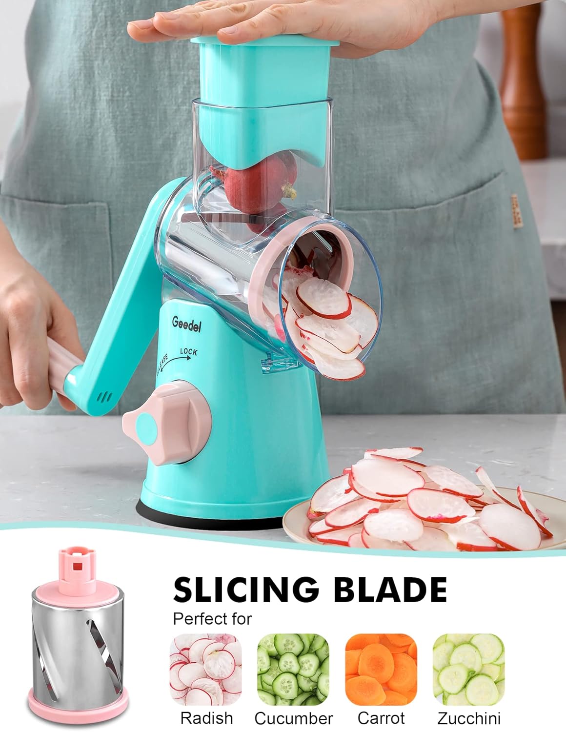 Geedel Kitchen Cheese Grater, Rotary Mandoline Vegetable Slicer with Interchangeable Blades, Easy to Use Rotary Grater Slicer for Fruit, Vegetables, Nuts