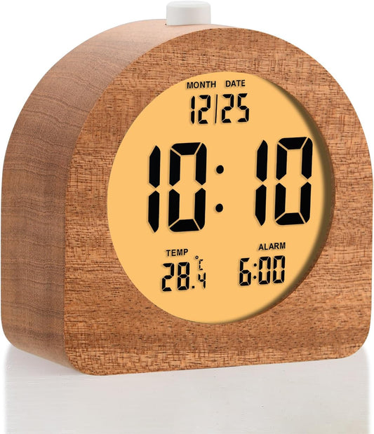 Plumeet Wooden Digital Alarm Clock for Bedrooms, Wood 4'' Battery Powered Alarm Clock with Snooze and Nightlight, Electronic LCD Desk Clock Display Time, Date, Temp, 12/24H, Wood Décor (Sapele, 3.2'')