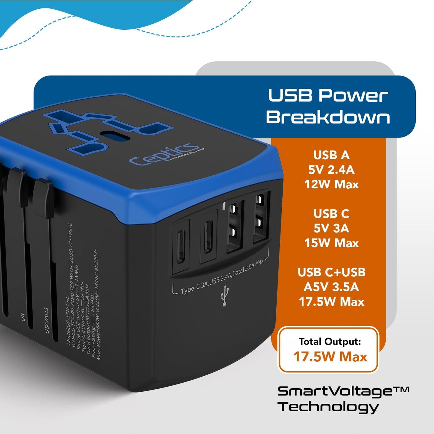 Ceptics Universal Travel Adapter kit, Dual USB (QC 3.0) + 2 US outlets + USB-C Cable, Use with Chargers, Cell Phones, Laptops, 6 Plug attachments for Worldwide use (Does Not Convert Voltage) (WPS-2B)
