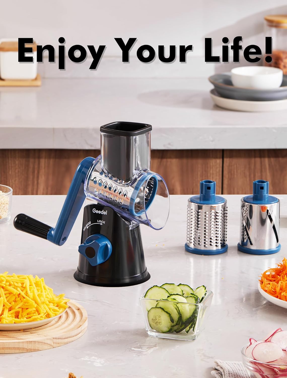Geedel Kitchen Cheese Grater, Rotary Mandoline Vegetable Slicer with Interchangeable Blades, Easy to Use Rotary Grater Slicer for Fruit, Vegetables, Nuts