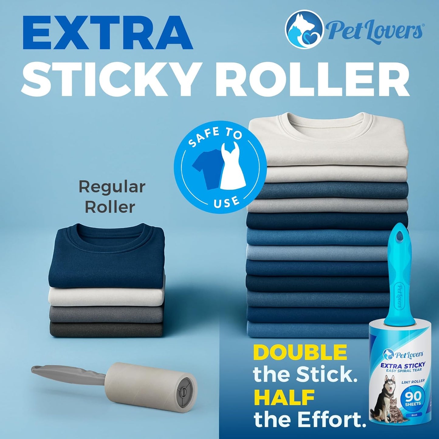 PetLovers Extra Sticky Lint Roller Mega Value Set for Pet Hair Removal, Dog and Cat Lint Remover (1 Pack Reusable)