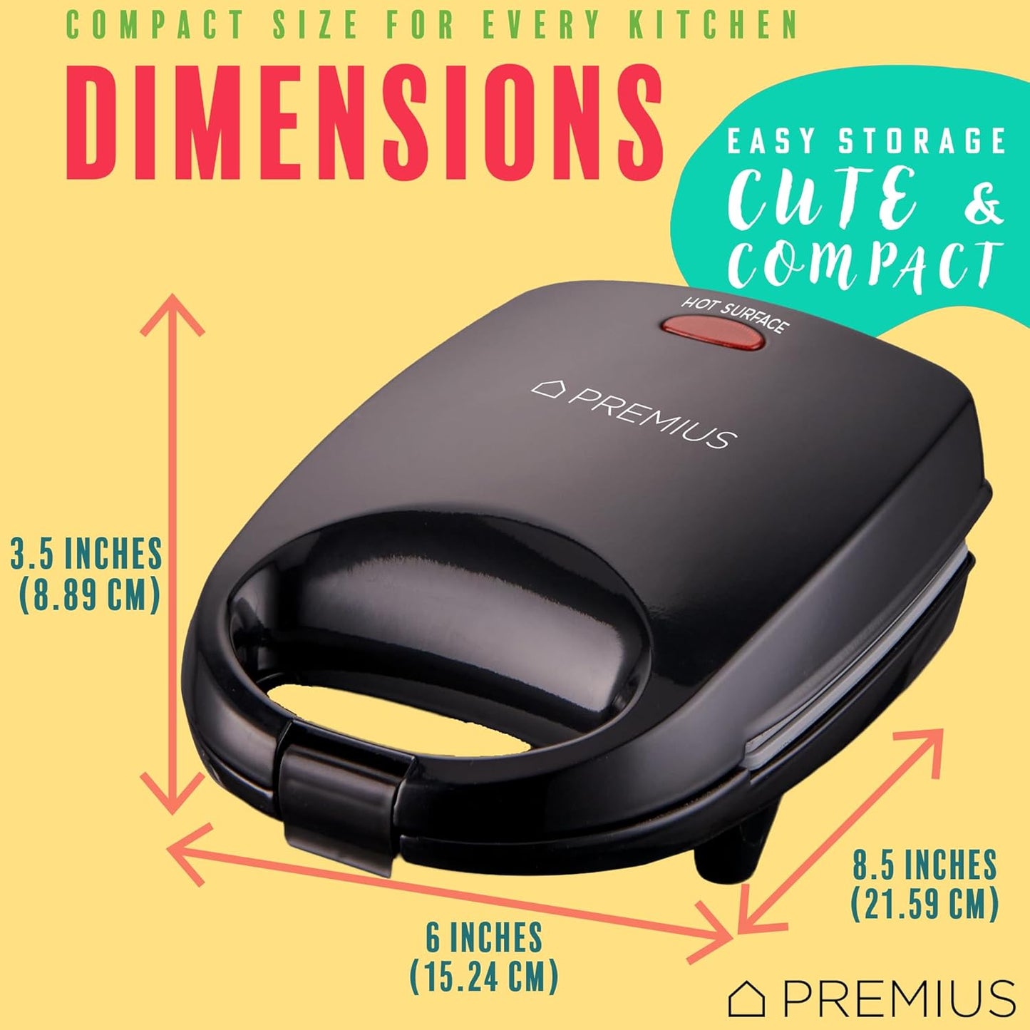 PREMIUS Ceramic NonStick Mini Snack Sandwich Maker, Indicator Light, 5x4.4 Inch Mold, Great for French Toast, Tuna Melt, Egg & Grilled Cheese, Pancake Sandwich, Desserts, Toasties, 520 W (Red)